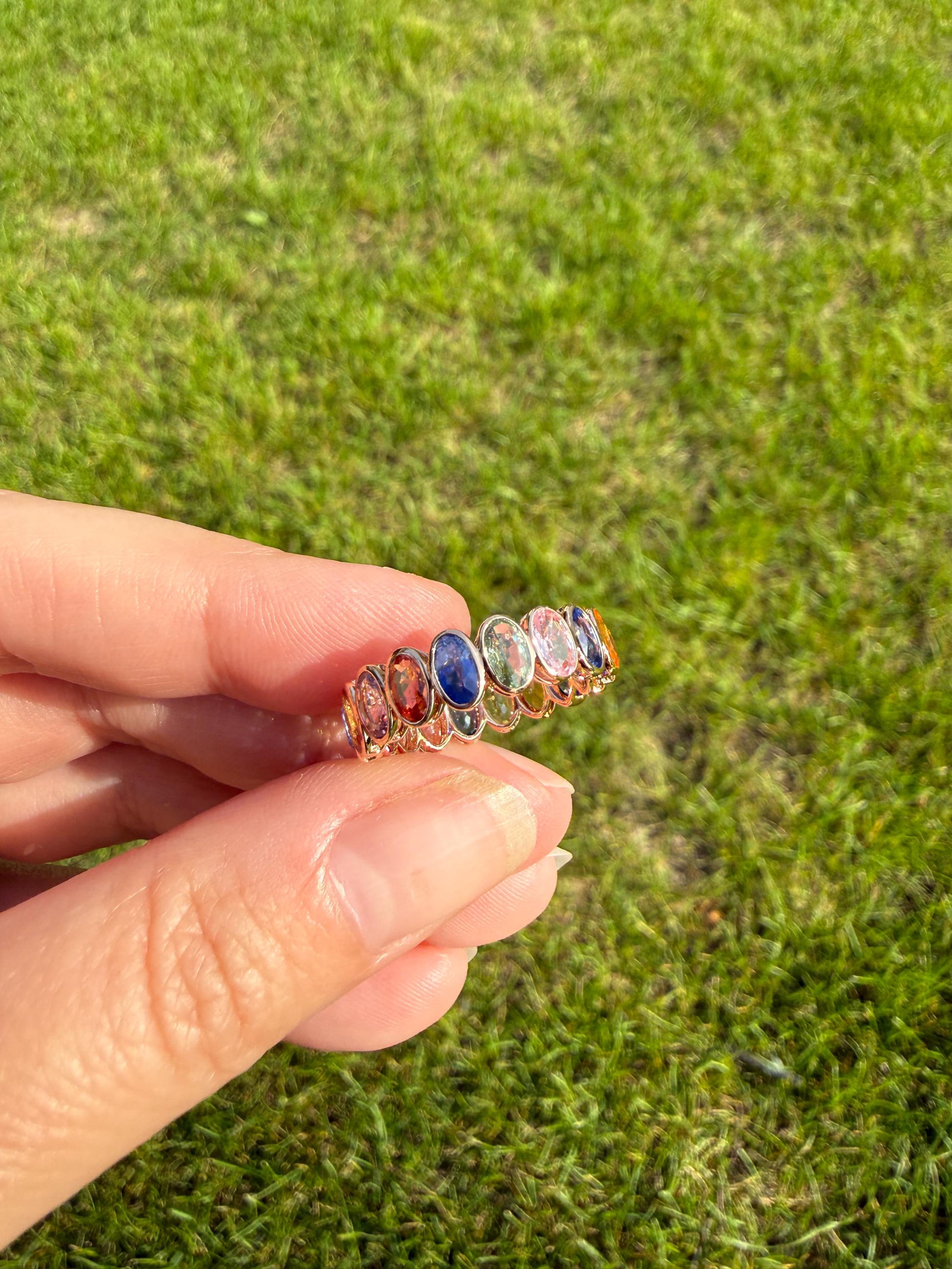 Natural Rainbow SAPPHIRES 3.5 Carats Oval Bezel Set Eternity Band 18k Rose Gold Ring Blue Yellow Green Pink