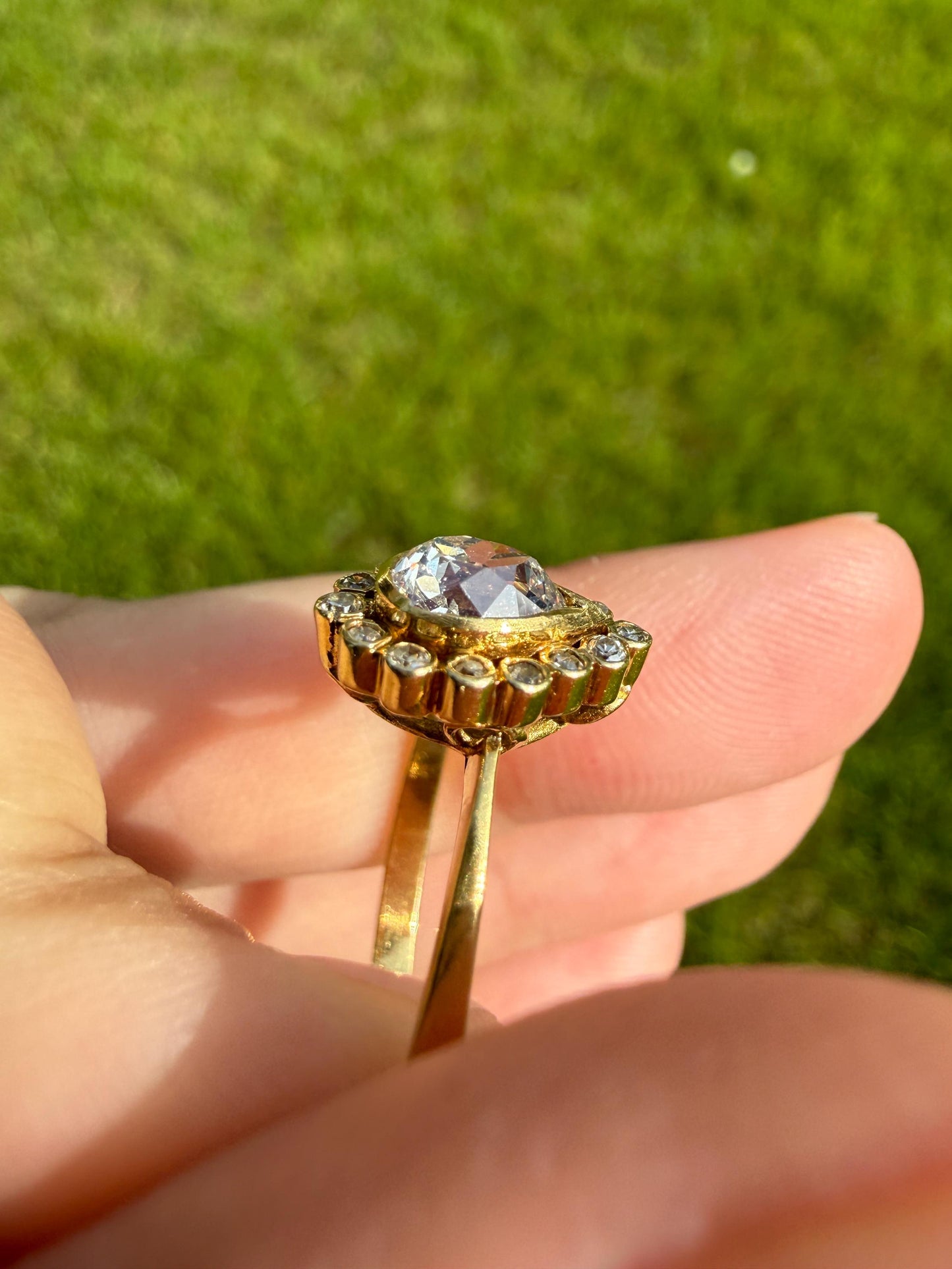 Vintage Halo Ring with Chunky .6 Carat Antique Old Mine Cut PEAR Diamond Eye Clean & Old Single Cuts Bezel Set Ring Teardrop Stacker