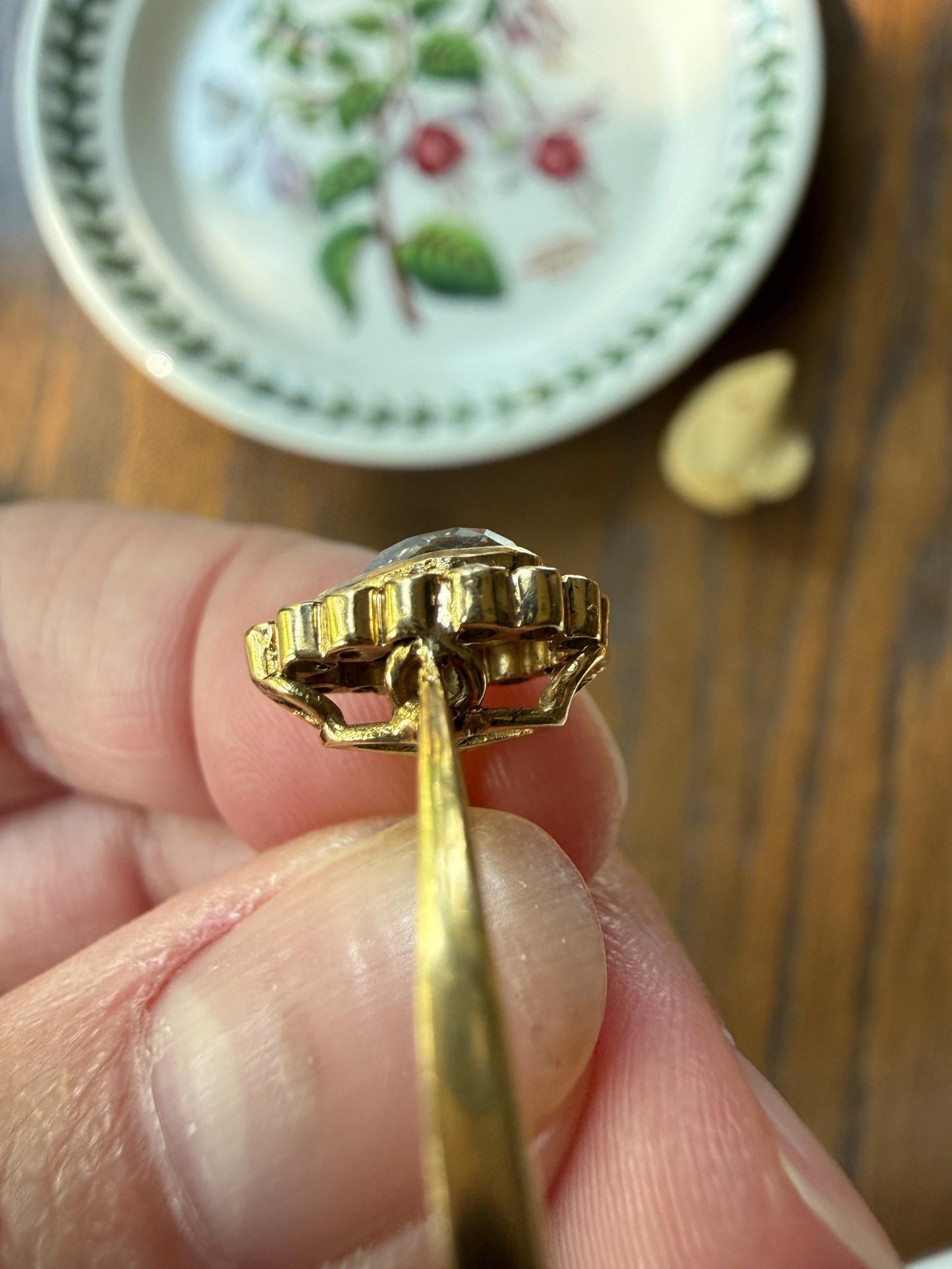 Vintage Halo Ring with Chunky .6 Carat Antique Old Mine Cut PEAR Diamond Eye Clean & Old Single Cuts Bezel Set Ring Teardrop Stacker