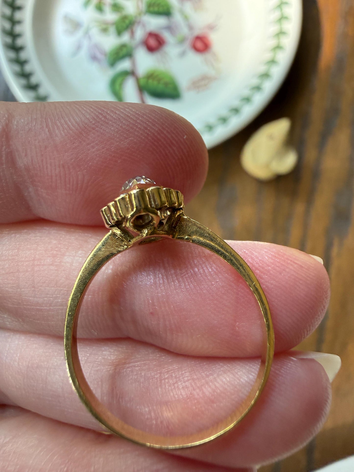 Vintage Halo Ring with Chunky .6 Carat Antique Old Mine Cut PEAR Diamond Eye Clean & Old Single Cuts Bezel Set Ring Teardrop Stacker