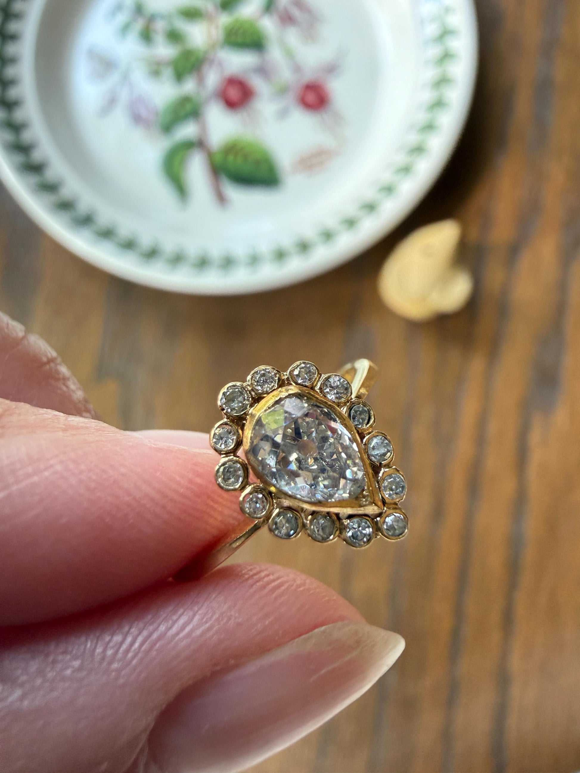 Vintage Halo Ring with Chunky .6 Carat Antique Old Mine Cut PEAR Diamond Eye Clean & Old Single Cuts Bezel Set Ring Teardrop Stacker