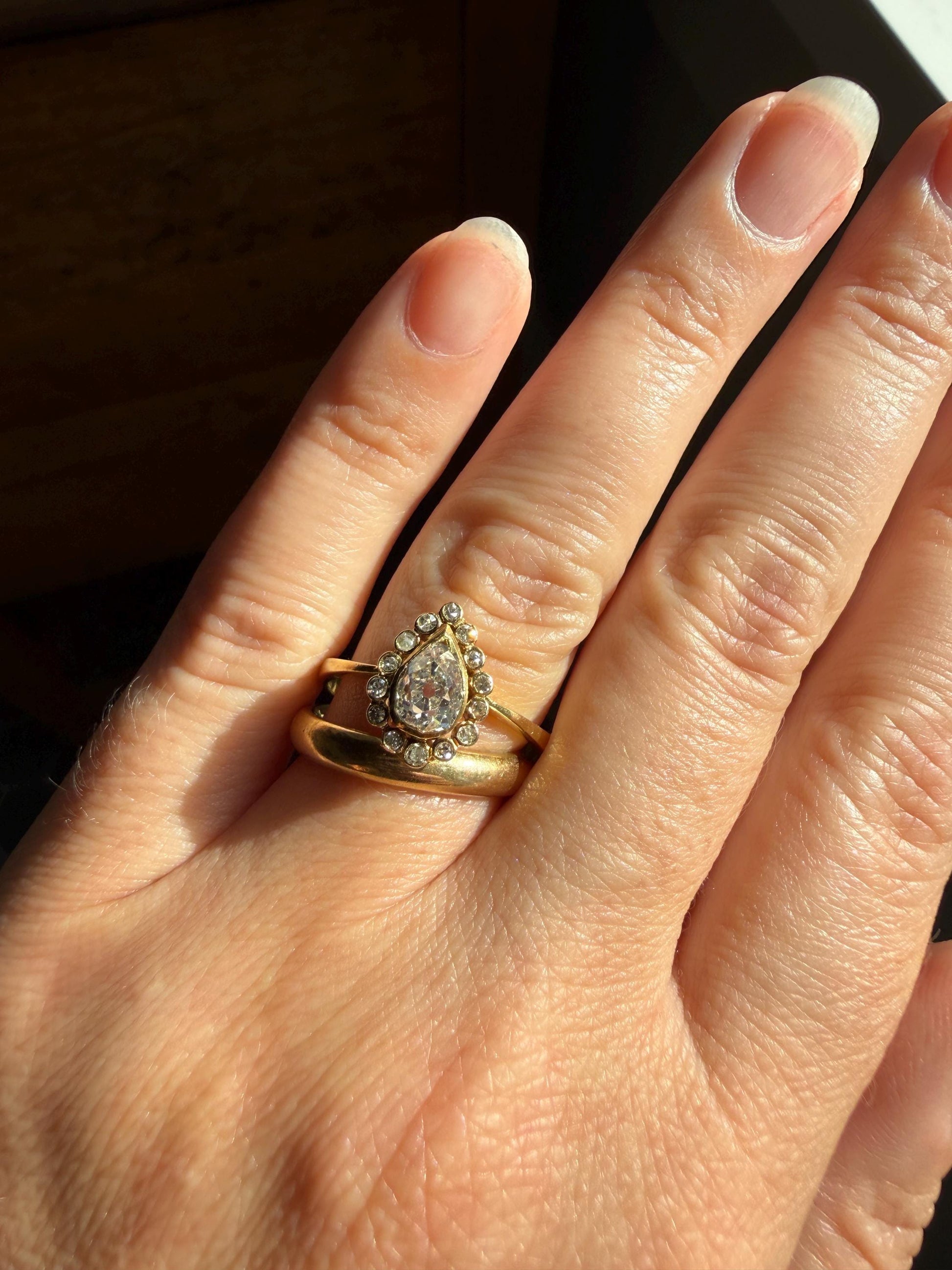Vintage Halo Ring with Chunky .6 Carat Antique Old Mine Cut PEAR Diamond Eye Clean & Old Single Cuts Bezel Set Ring Teardrop Stacker