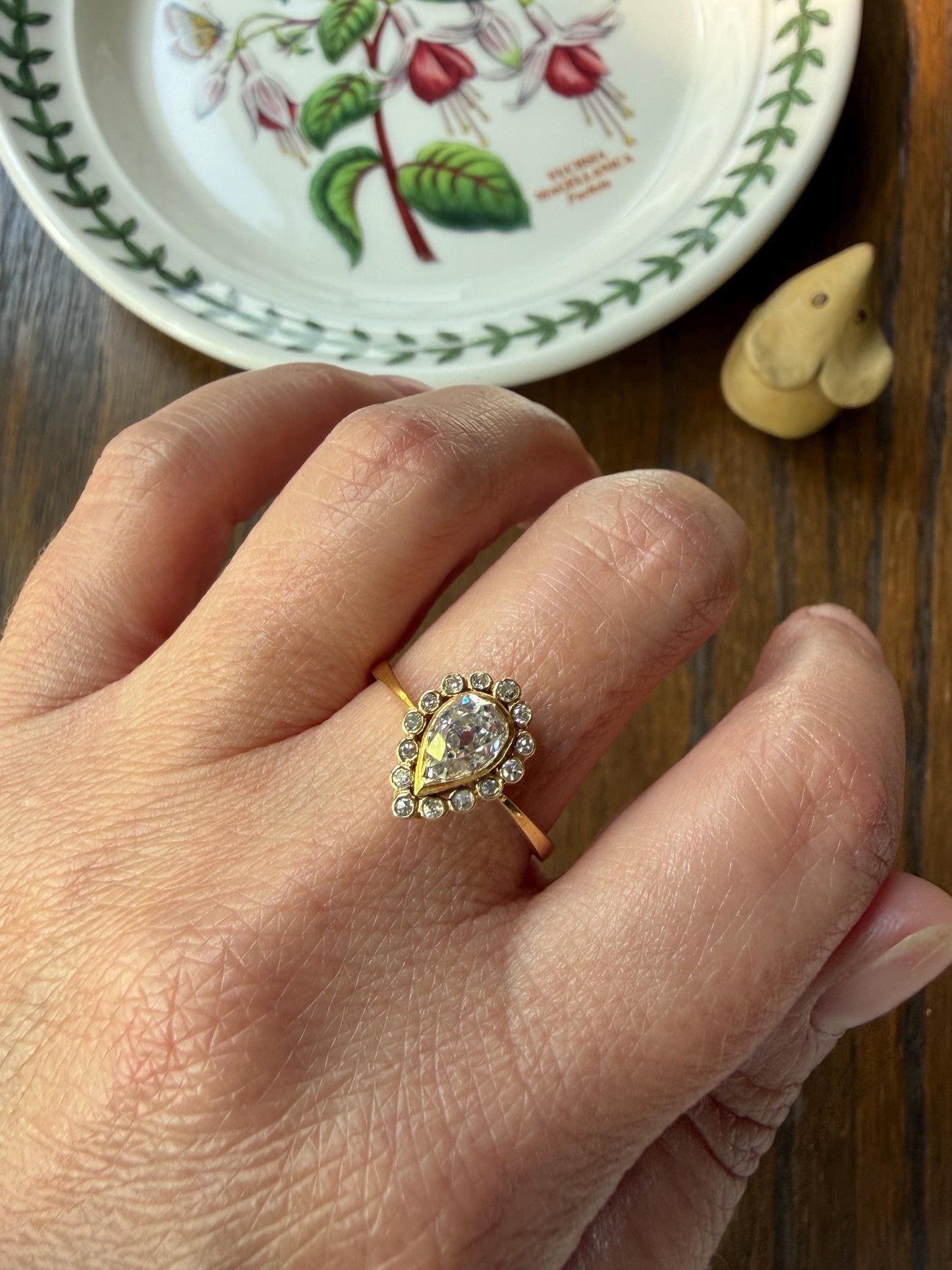 Vintage Halo Ring with Chunky .6 Carat Antique Old Mine Cut PEAR Diamond Eye Clean & Old Single Cuts Bezel Set Ring Teardrop Stacker