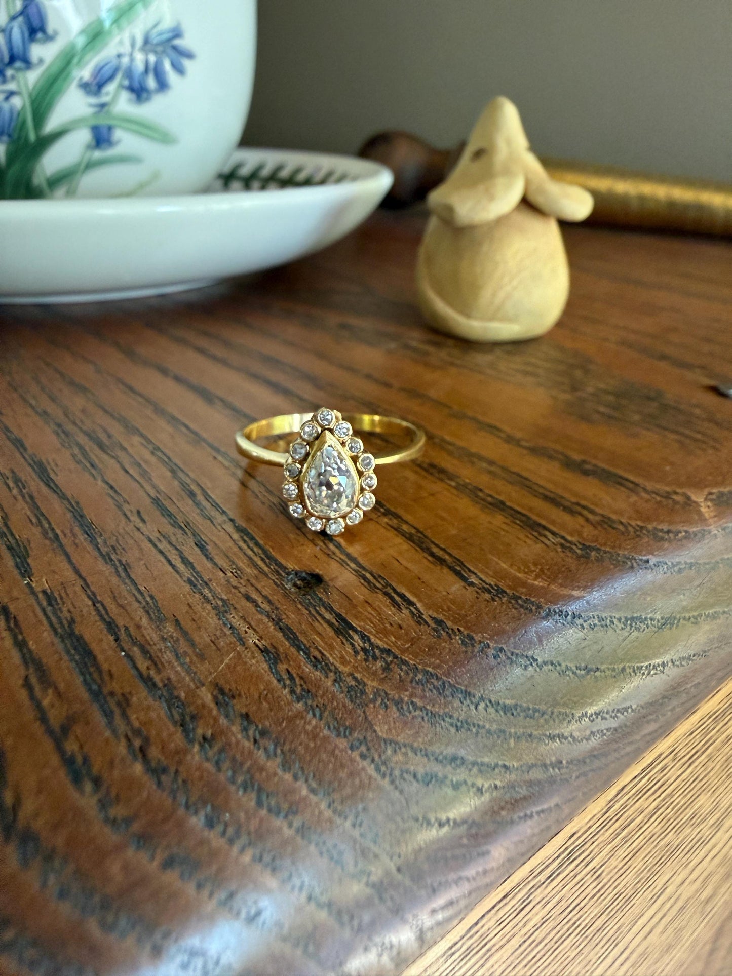 Vintage Halo Ring with Chunky .6 Carat Antique Old Mine Cut PEAR Diamond Eye Clean & Old Single Cuts Bezel Set Ring Teardrop Stacker