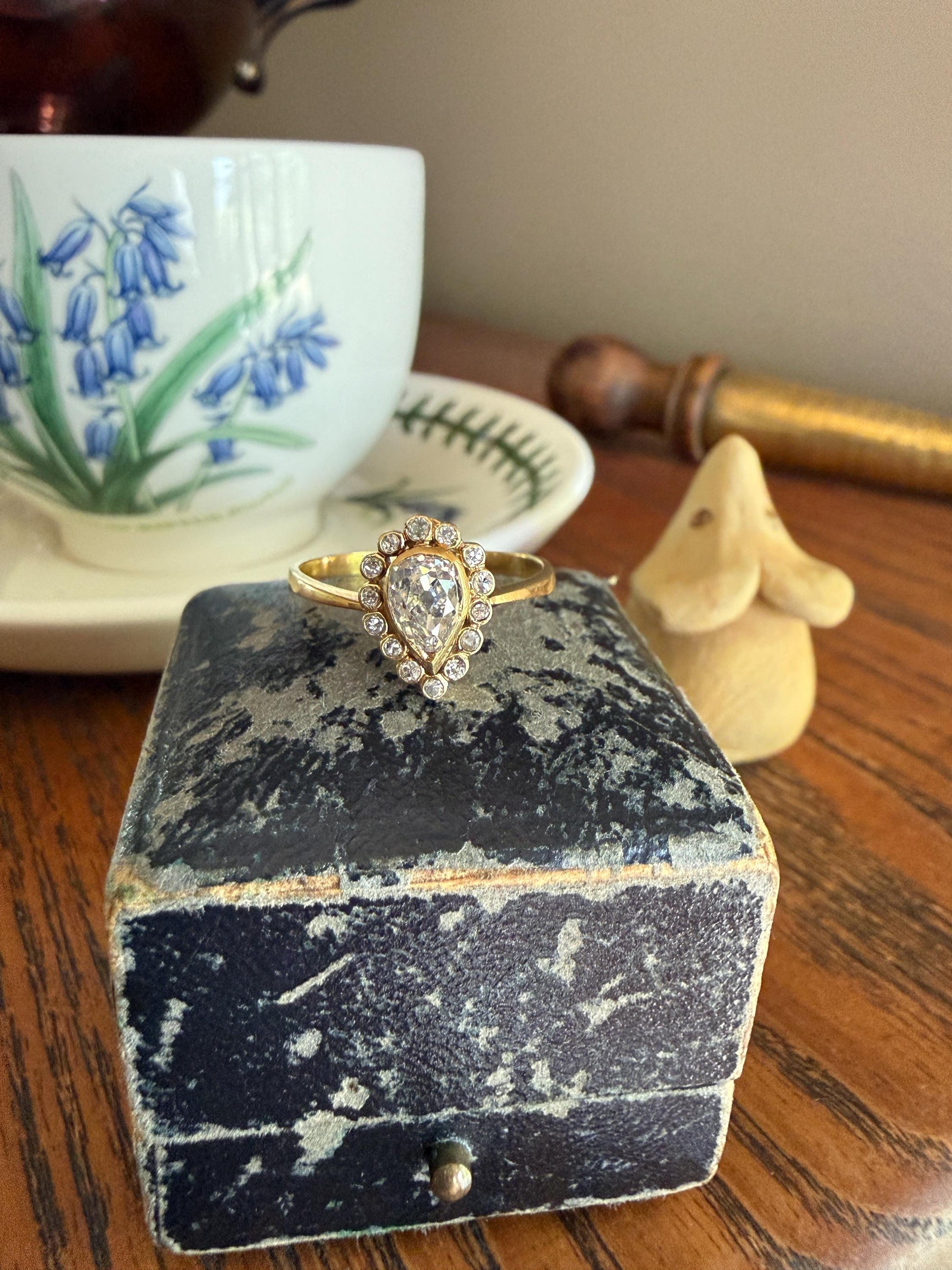 Vintage Halo Ring with Chunky .6 Carat Antique Old Mine Cut PEAR Diamond Eye Clean & Old Single Cuts Bezel Set Ring Teardrop Stacker