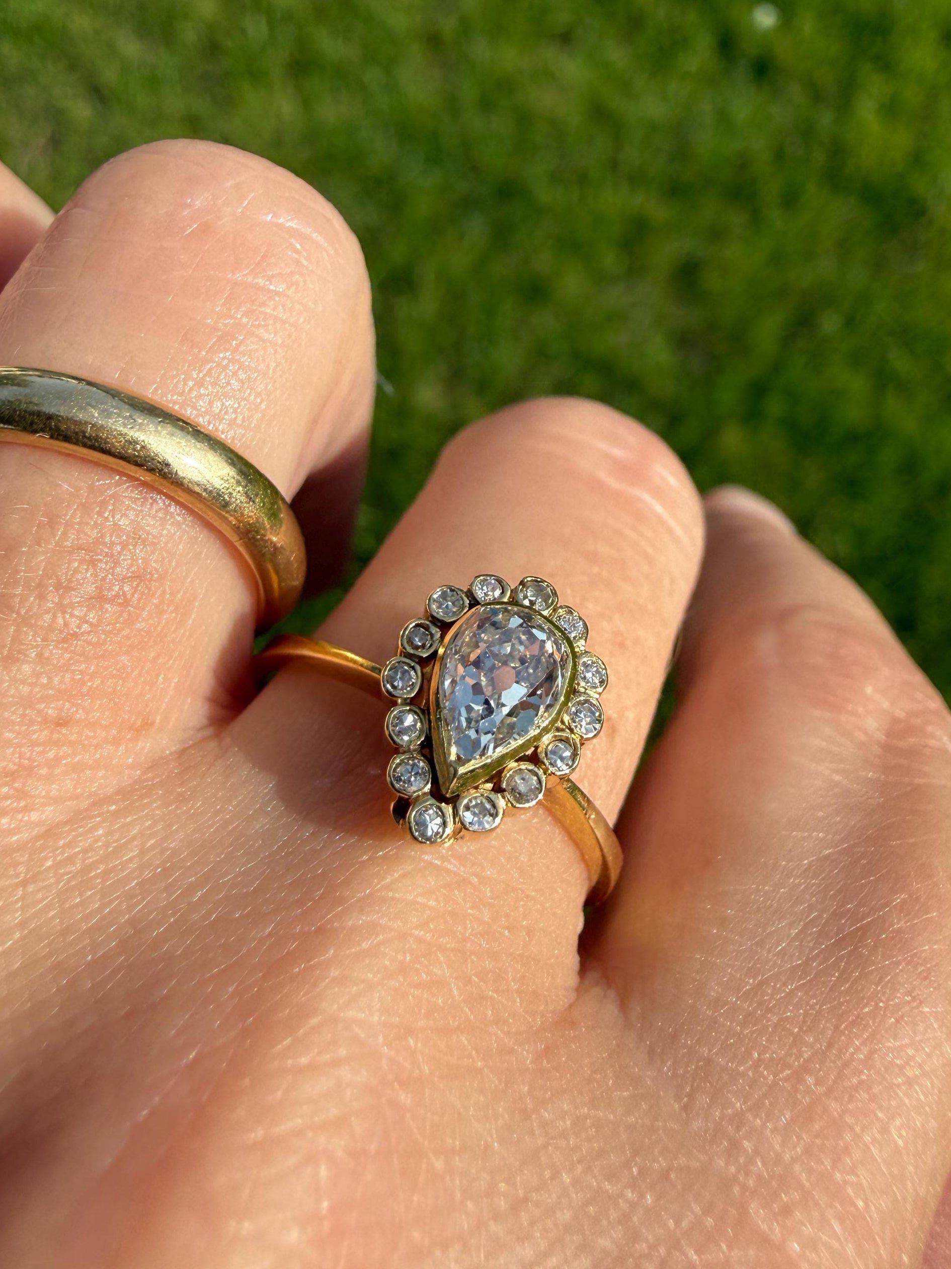 Vintage Halo Ring with Chunky .6 Carat Antique Old Mine Cut PEAR Diamond Eye Clean & Old Single Cuts Bezel Set Ring Teardrop Stacker