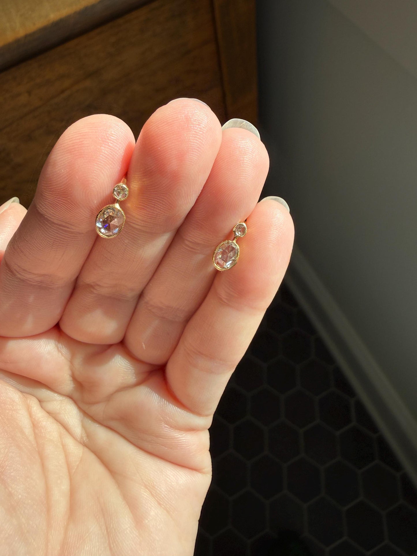 ANTIQUE Rose Cut Diamond OVAL Dormeuse Earrings 18k Gold Fixed Bezel Set Four Stones Dainty Minimalist Sparkle