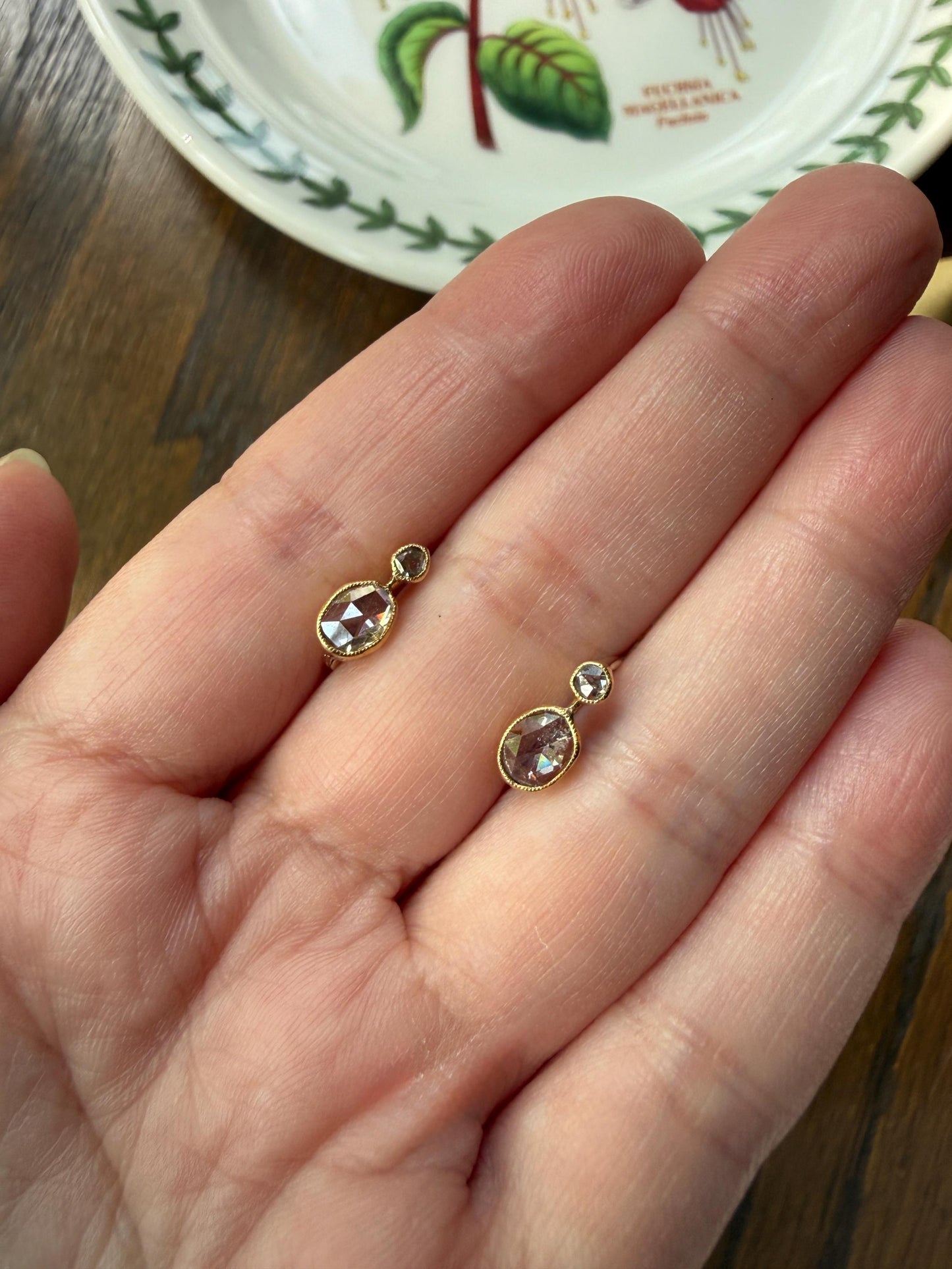 ANTIQUE Rose Cut Diamond OVAL Dormeuse Earrings 18k Gold Fixed Bezel Set Four Stones Dainty Minimalist Sparkle