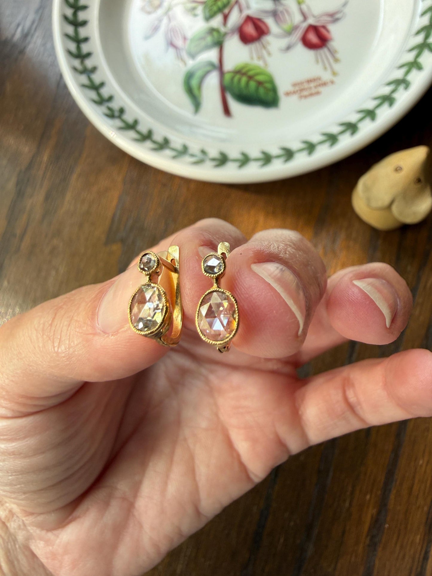 ANTIQUE Rose Cut Diamond OVAL Dormeuse Earrings 18k Gold Fixed Bezel Set Four Stones Dainty Minimalist Sparkle