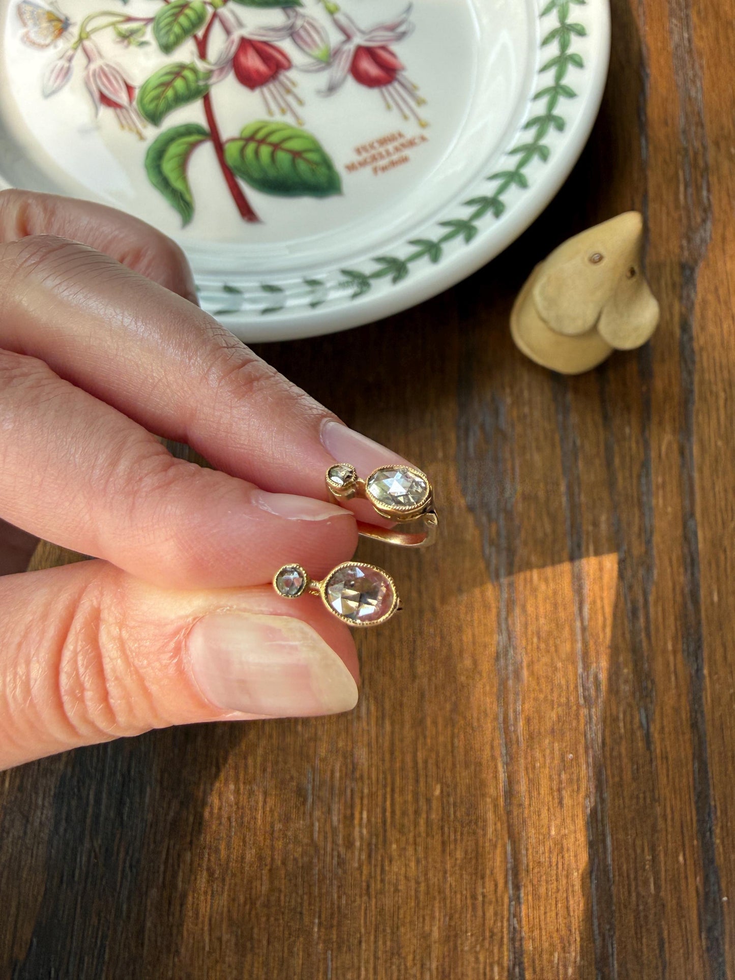 ANTIQUE Rose Cut Diamond OVAL Dormeuse Earrings 18k Gold Fixed Bezel Set Four Stones Dainty Minimalist Sparkle
