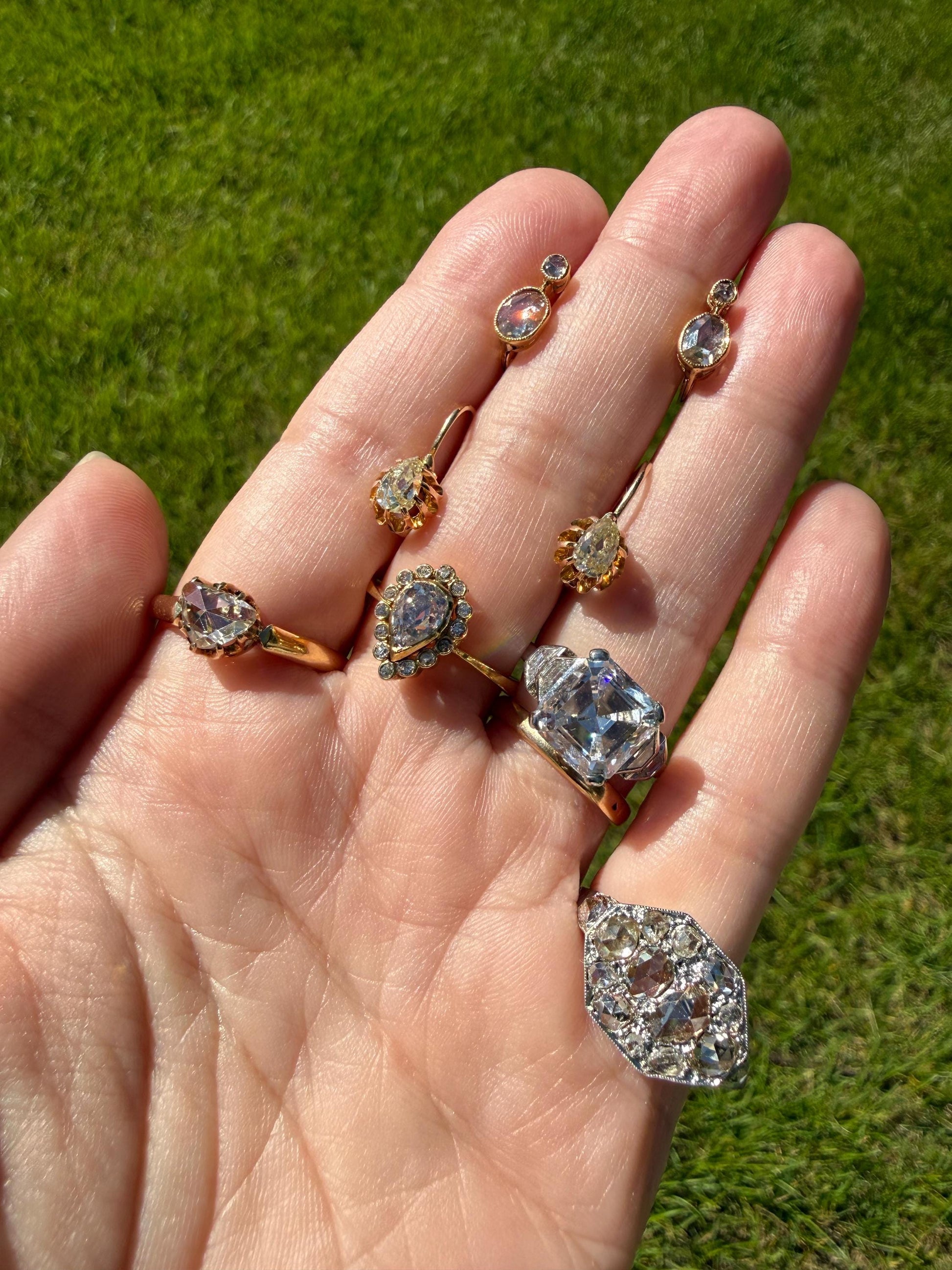 ANTIQUE Rose Cut Diamond OVAL Dormeuse Earrings 18k Gold Fixed Bezel Set Four Stones Dainty Minimalist Sparkle