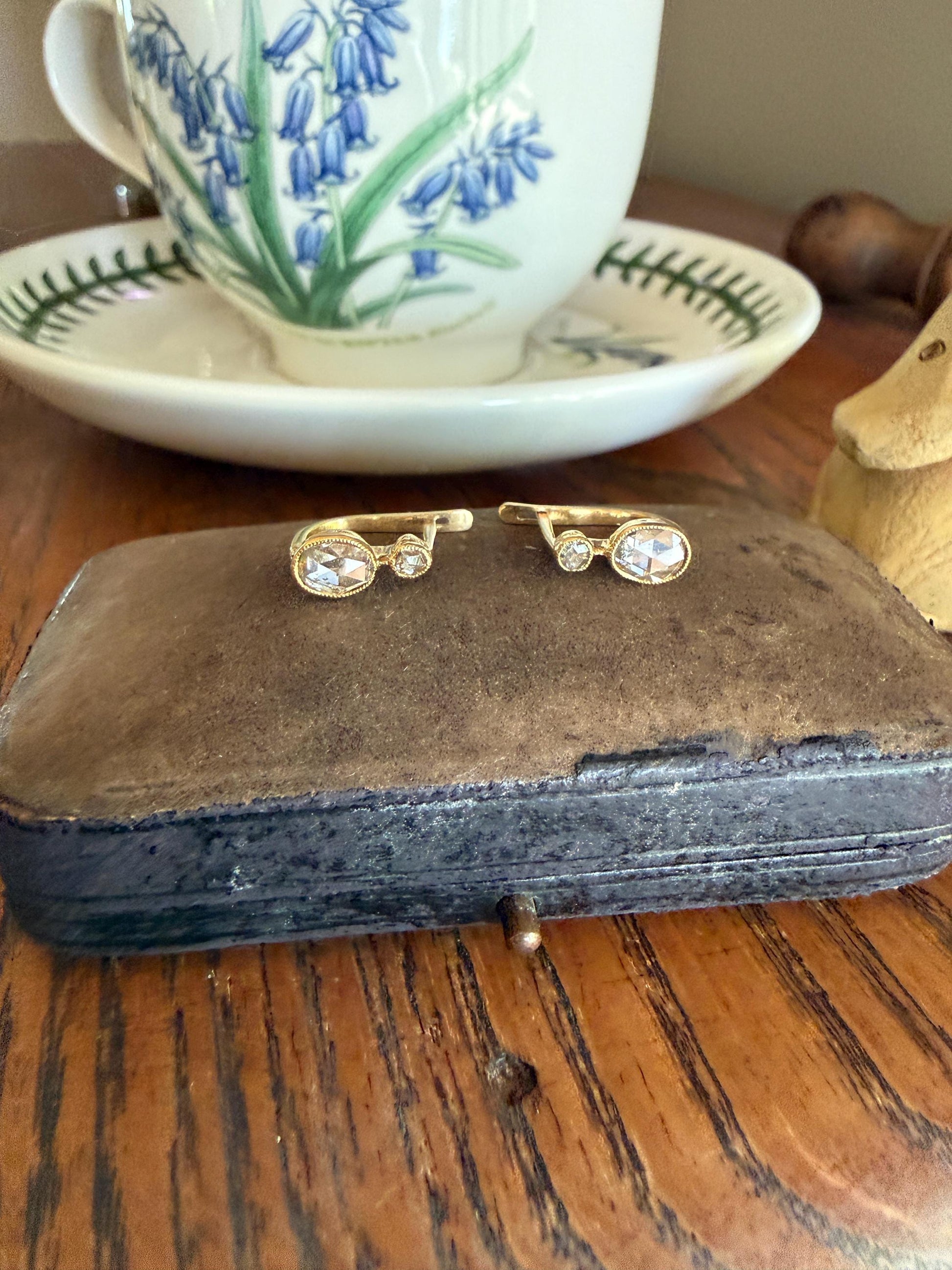 ANTIQUE Rose Cut Diamond OVAL Dormeuse Earrings 18k Gold Fixed Bezel Set Four Stones Dainty Minimalist Sparkle