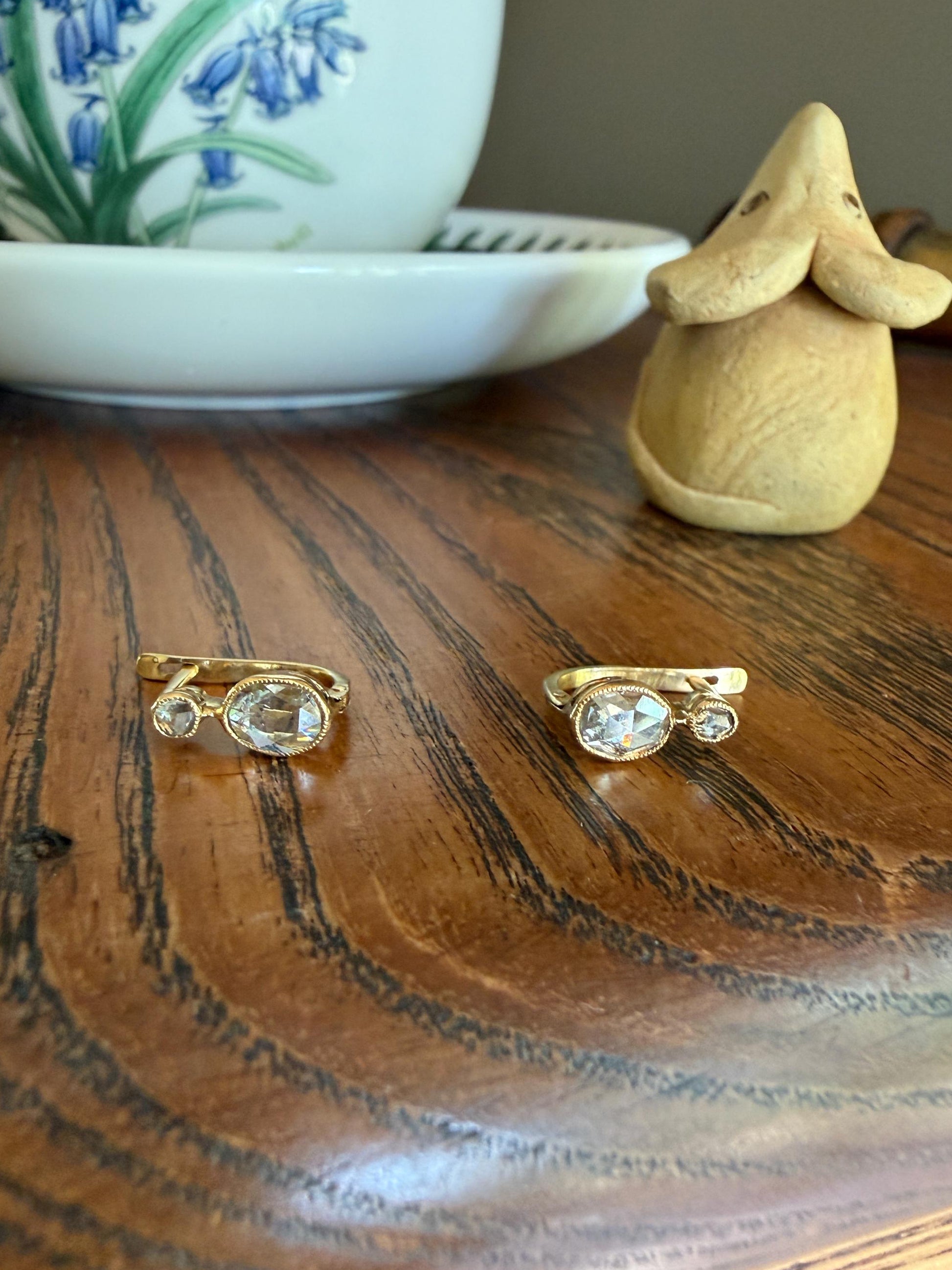 ANTIQUE Rose Cut Diamond OVAL Dormeuse Earrings 18k Gold Fixed Bezel Set Four Stones Dainty Minimalist Sparkle