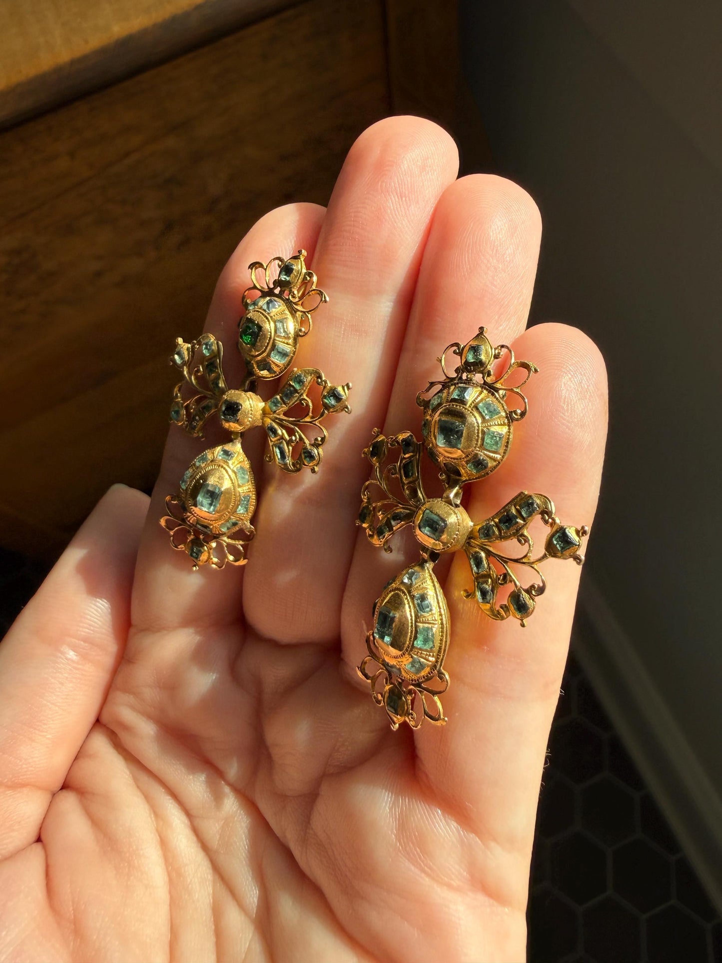 ANTIQUE Original Iberian 67 Natural EMERALD Georgian Era Dangle Earrings 18k Gold 18th Century Figural Ornate Openwork Baroque Period