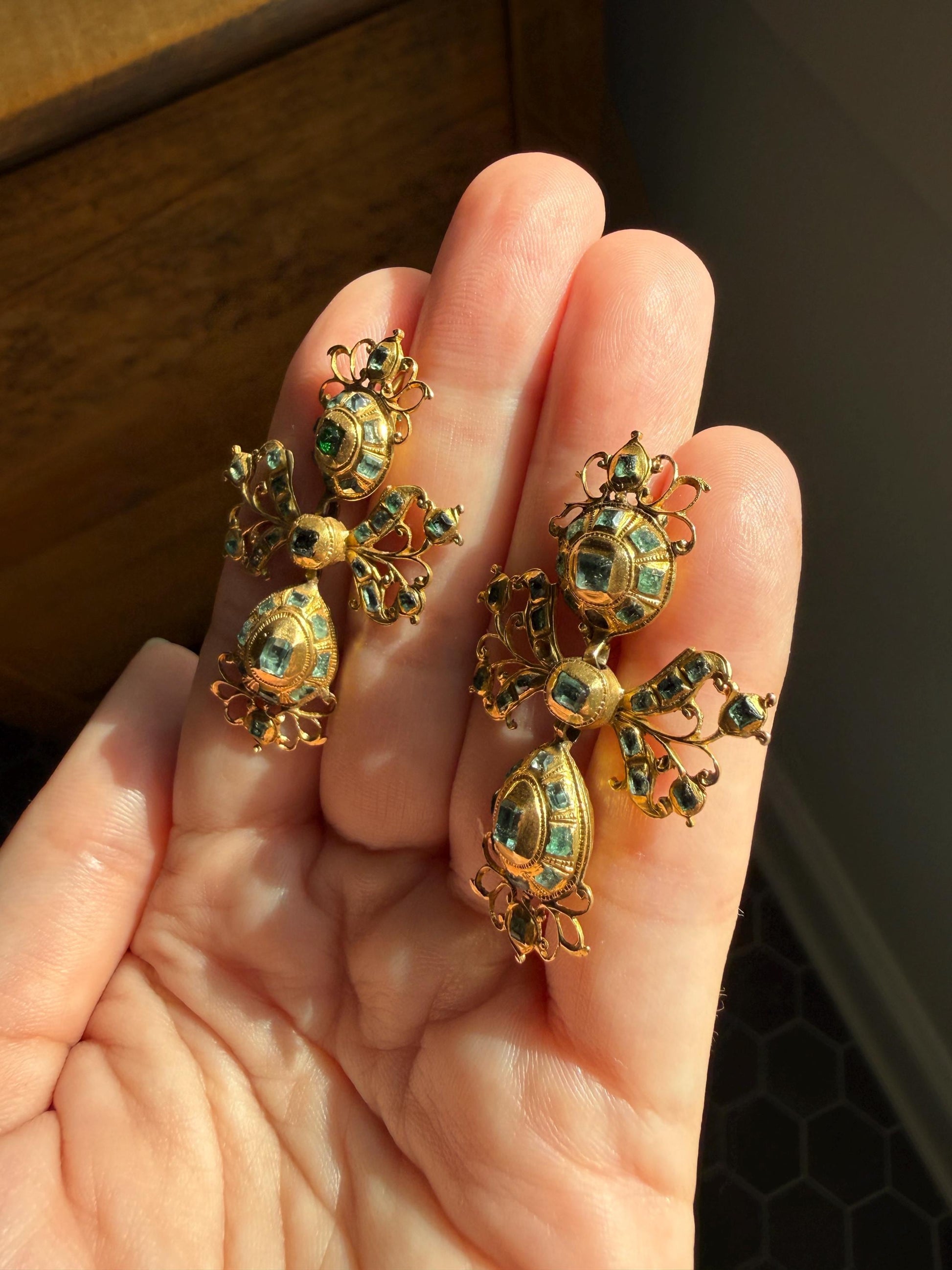 ANTIQUE Original Iberian 67 Natural EMERALD Georgian Era Dangle Earrings 18k Gold 18th Century Figural Ornate Openwork Baroque Period