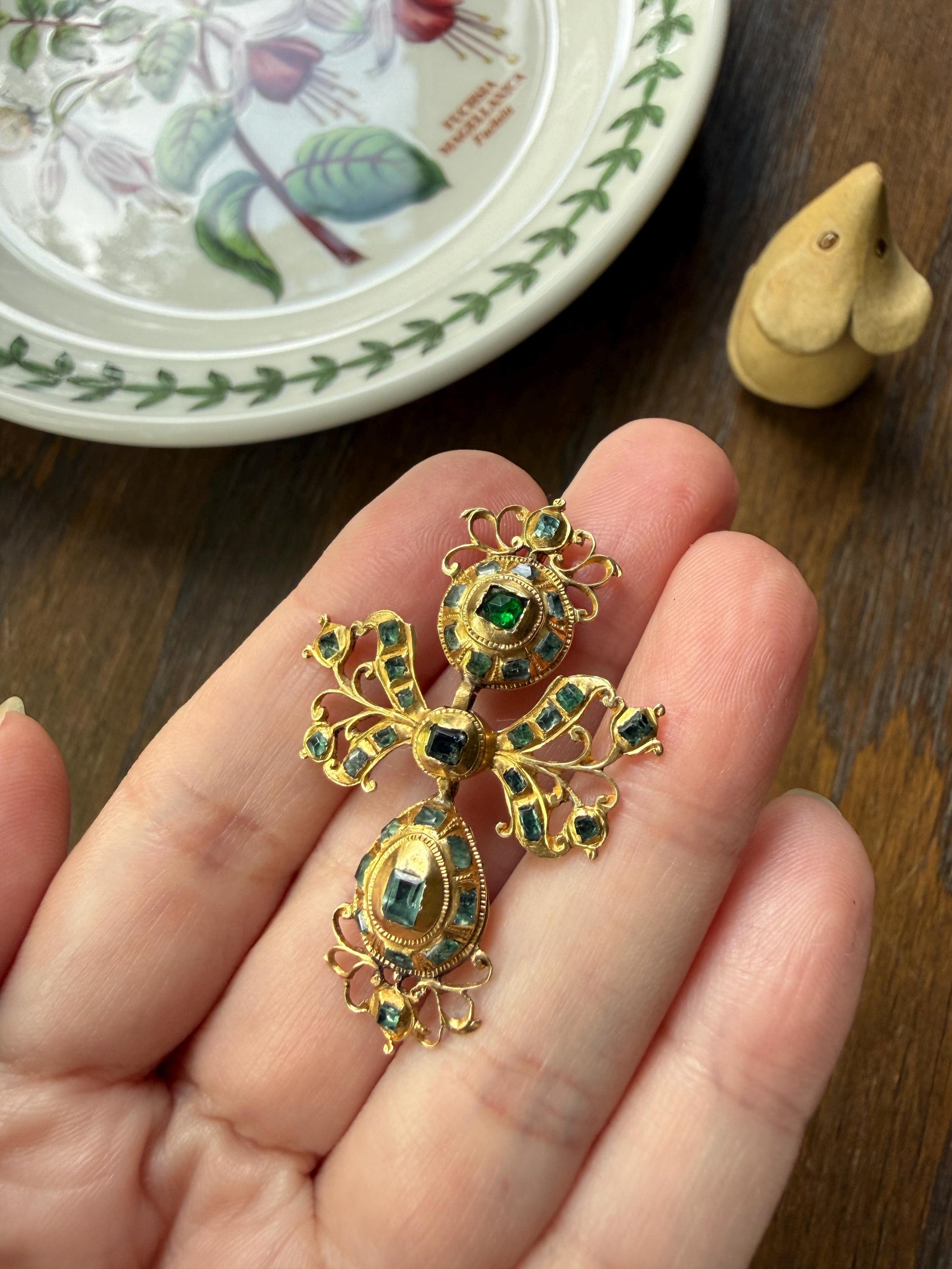 ANTIQUE Original Iberian 67 Natural EMERALD Georgian Era Dangle Earrings 18k Gold 18th Century Figural Ornate Openwork Baroque Period