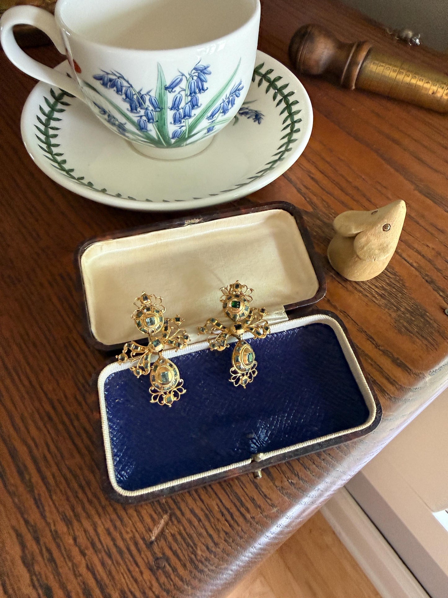 ANTIQUE Original Iberian 67 Natural EMERALD Georgian Era Dangle Earrings 18k Gold 18th Century Figural Ornate Openwork Baroque Period