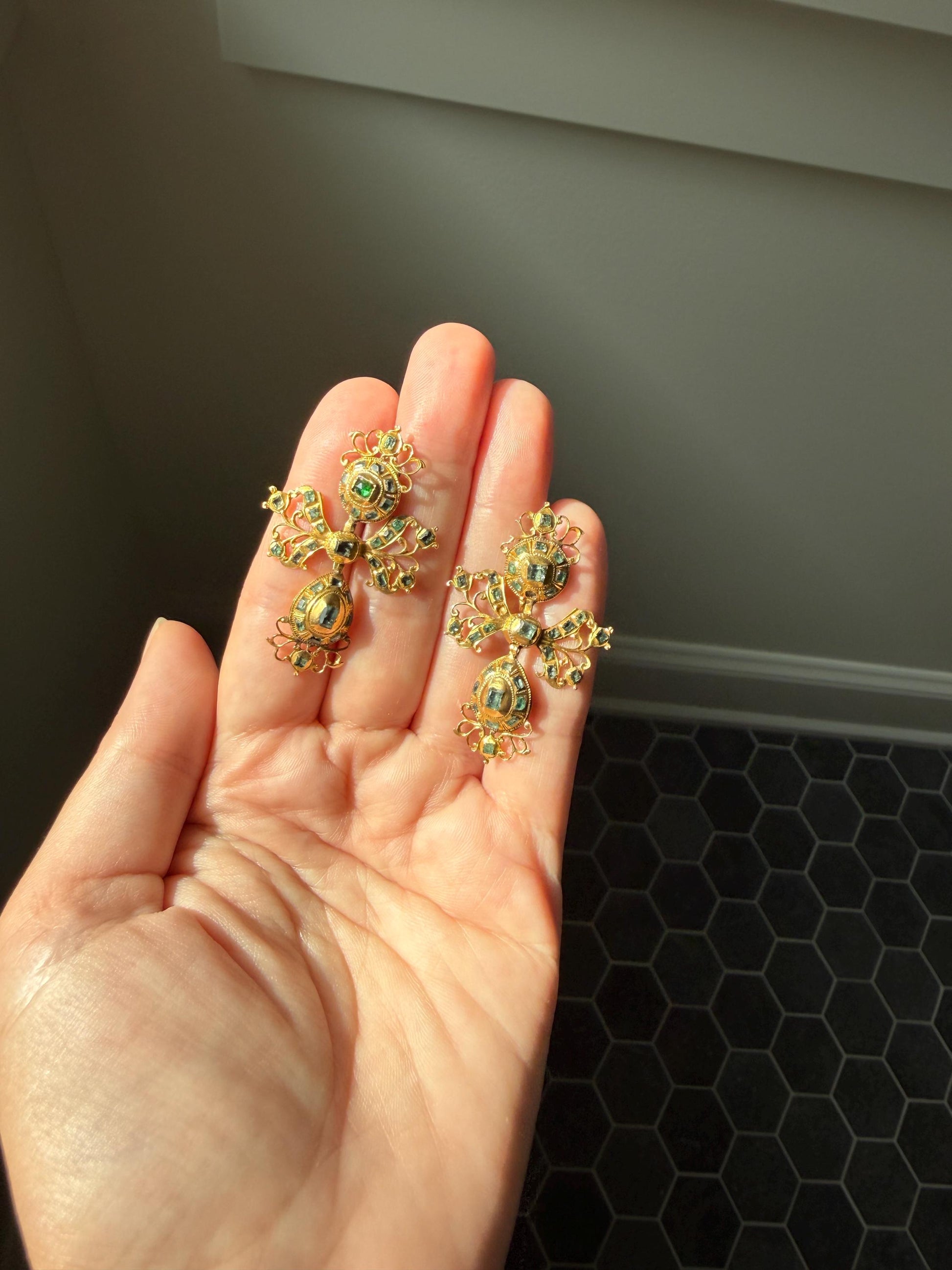 ANTIQUE Original Iberian 67 Natural EMERALD Georgian Era Dangle Earrings 18k Gold 18th Century Figural Ornate Openwork Baroque Period