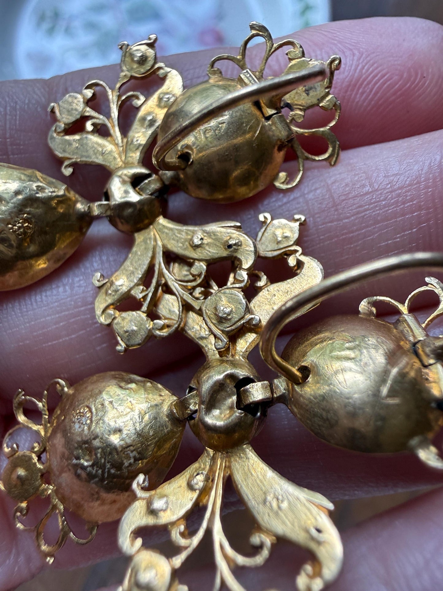 ANTIQUE Original Iberian 67 Natural EMERALD Georgian Era Dangle Earrings 18k Gold 18th Century Figural Ornate Openwork Baroque Period