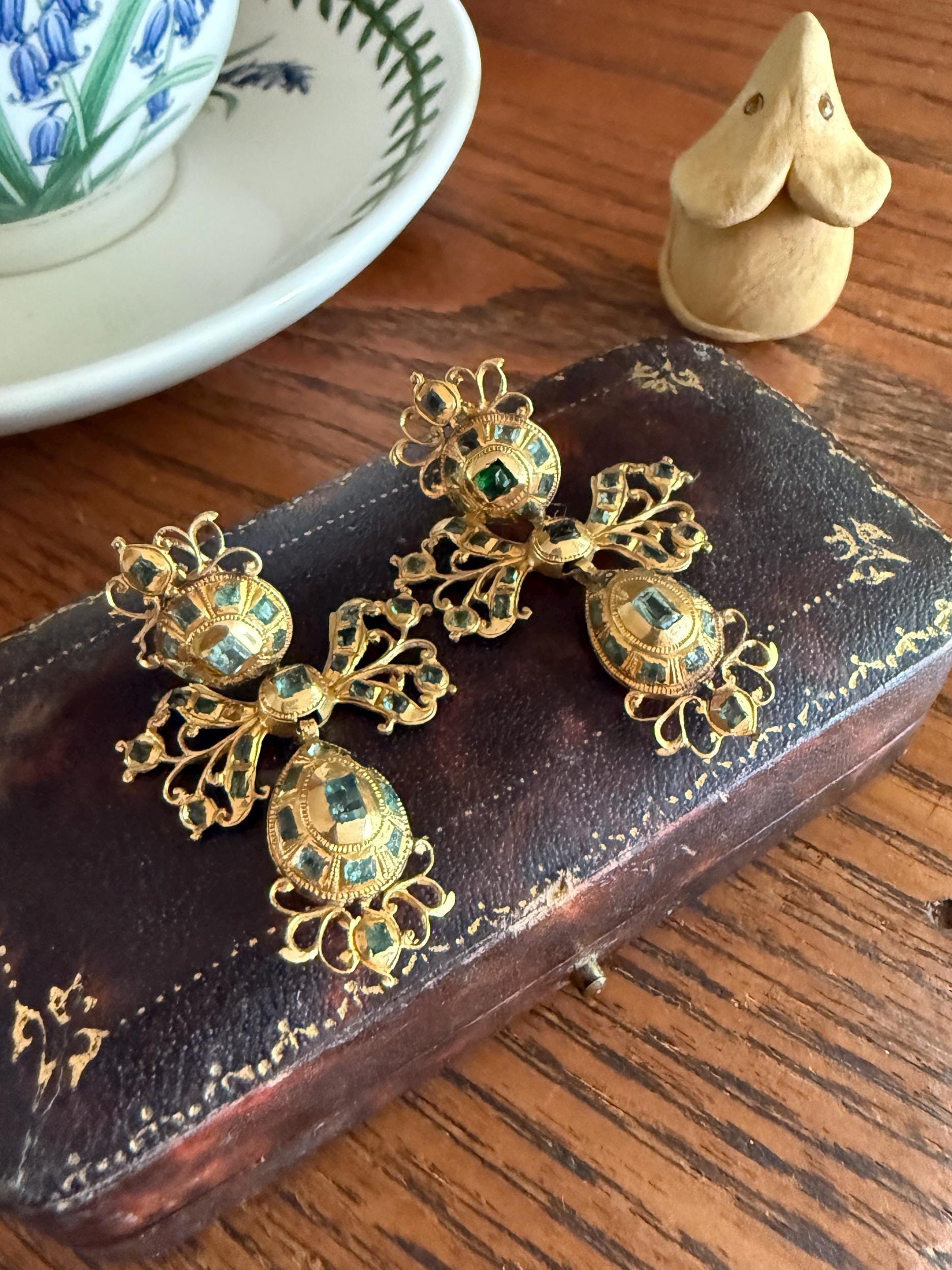 ANTIQUE Original Iberian 67 Natural EMERALD Georgian Era Dangle Earrings 18k Gold 18th Century Figural Ornate Openwork Baroque Period