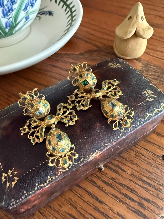 ANTIQUE Original Iberian 67 Natural EMERALD Georgian Era Dangle Earrings 18k Gold 18th Century Figural Ornate Openwork Baroque Period