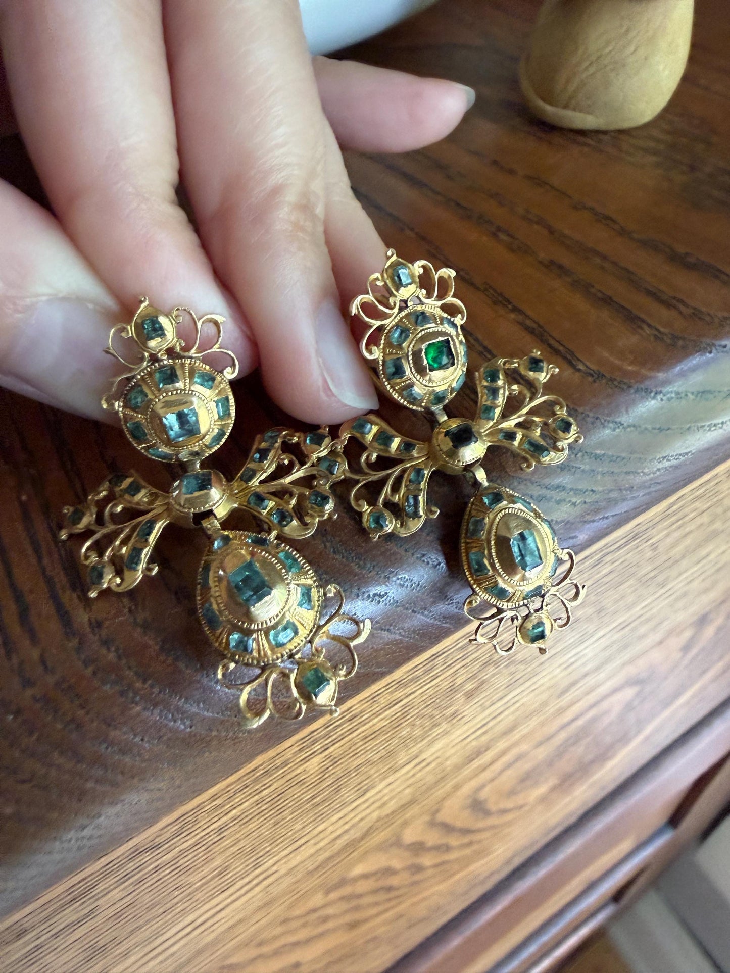 ANTIQUE Original Iberian 67 Natural EMERALD Georgian Era Dangle Earrings 18k Gold 18th Century Figural Ornate Openwork Baroque Period