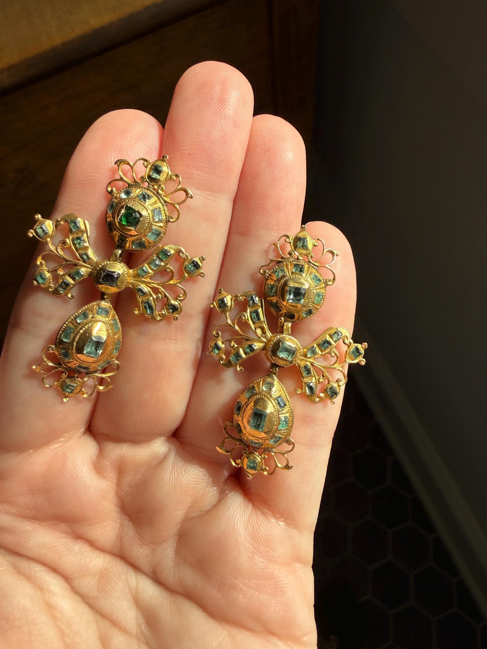 ANTIQUE Original Iberian 67 Natural EMERALD Georgian Era Dangle Earrings 18k Gold 18th Century Figural Ornate Openwork Baroque Period