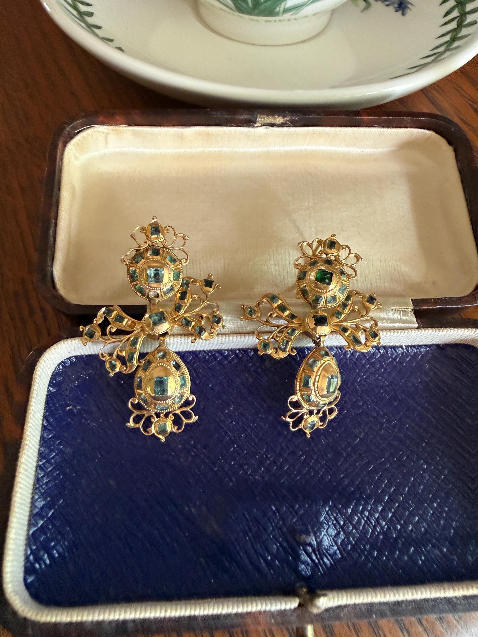 ANTIQUE Original Iberian 67 Natural EMERALD Georgian Era Dangle Earrings 18k Gold 18th Century Figural Ornate Openwork Baroque Period