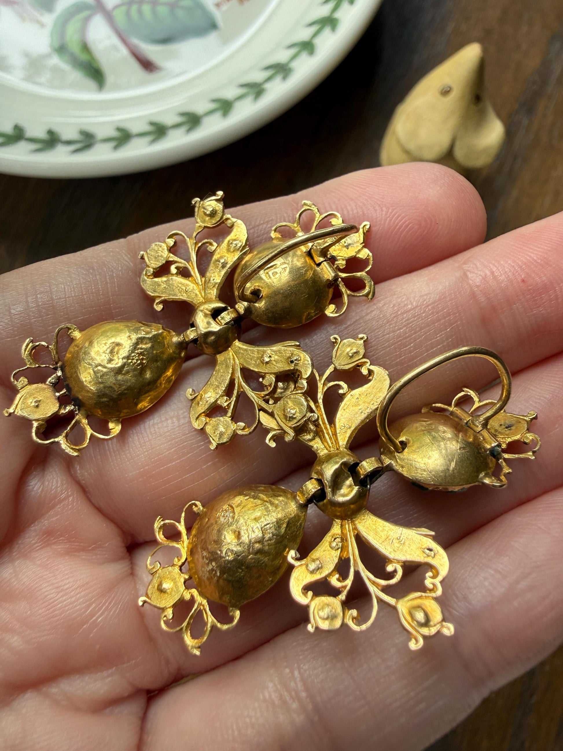 ANTIQUE Original Iberian 67 Natural EMERALD Georgian Era Dangle Earrings 18k Gold 18th Century Figural Ornate Openwork Baroque Period