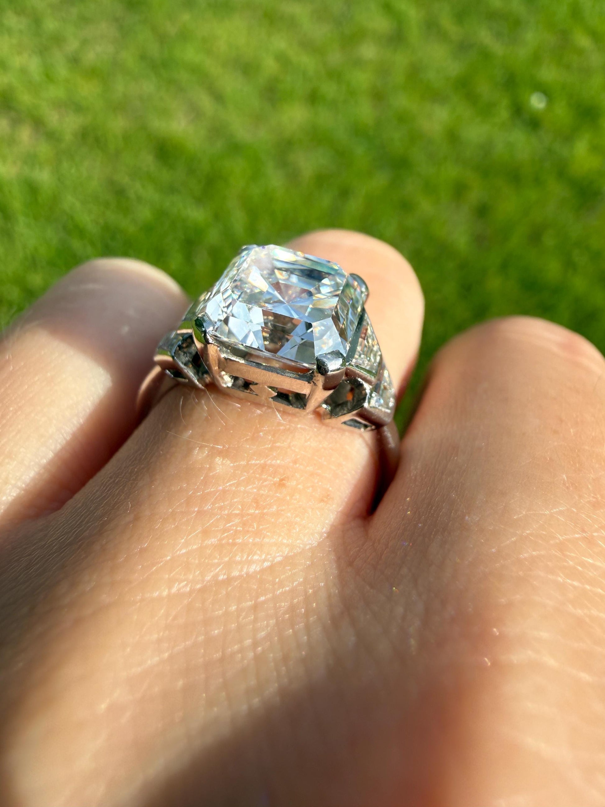 Exceptional 4 Carat Square Step Cut Diamond Solitaire Ring French PLATINUM w/ Trapezoid Accents Vintage to Art Deco 4.5Ctw Faces Eye CLEAN