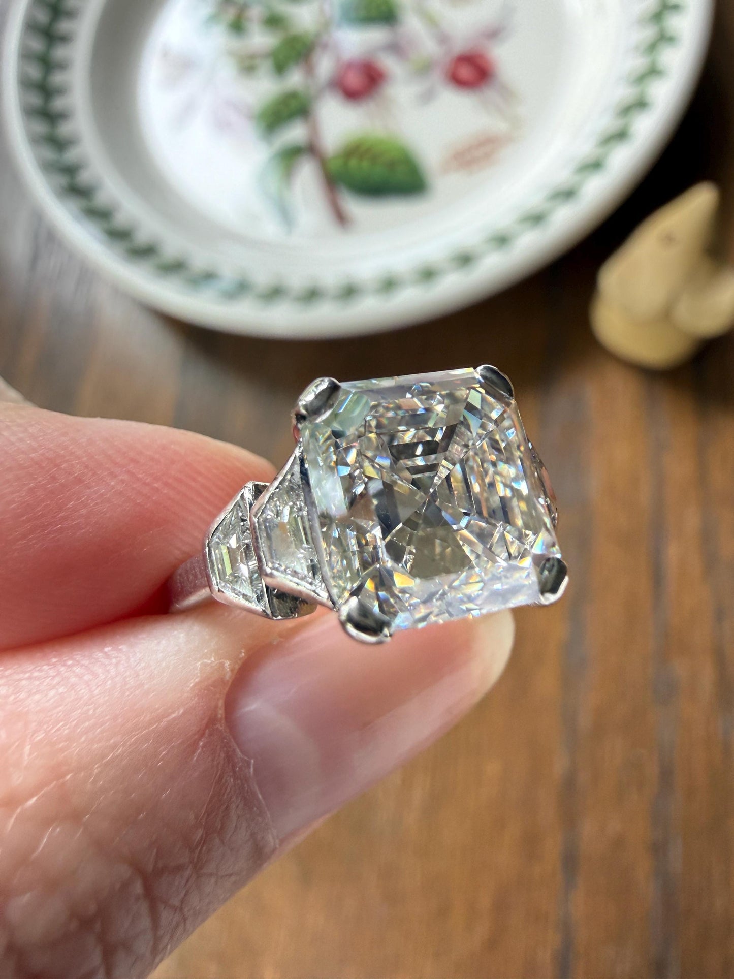 Exceptional 4 Carat Square Step Cut Diamond Solitaire Ring French PLATINUM w/ Trapezoid Accents Vintage to Art Deco 4.5Ctw Faces Eye CLEAN