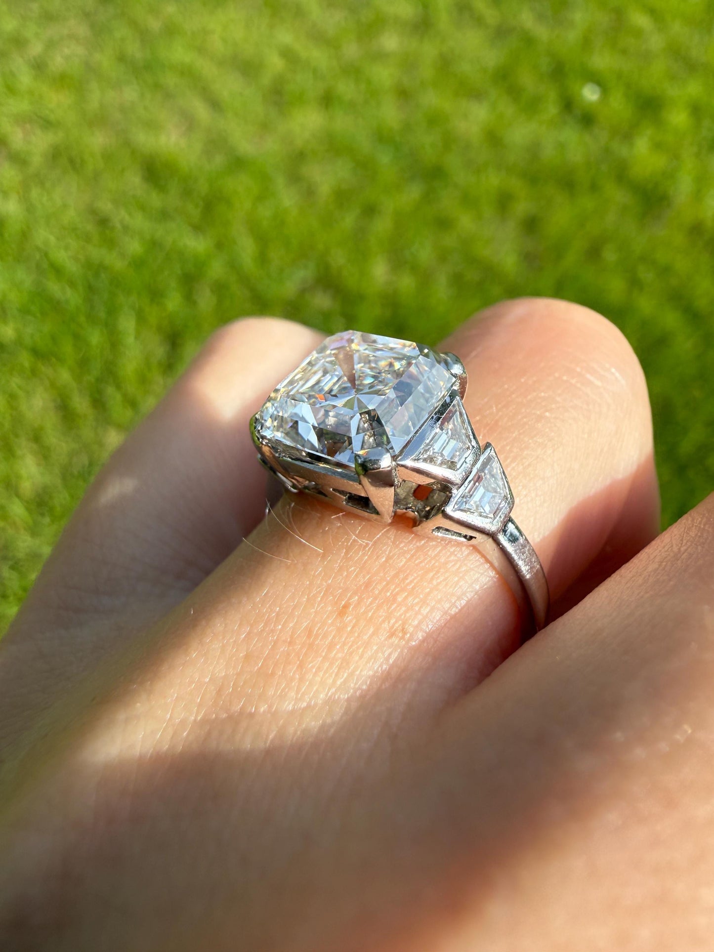 Exceptional 4 Carat Square Step Cut Diamond Solitaire Ring French PLATINUM w/ Trapezoid Accents Vintage to Art Deco 4.5Ctw Faces Eye CLEAN