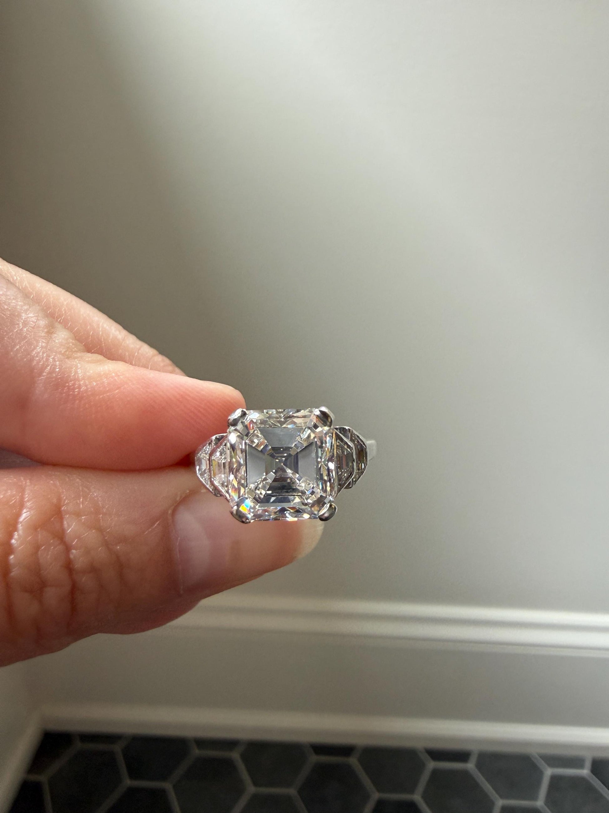 Exceptional 4 Carat Square Step Cut Diamond Solitaire Ring French PLATINUM w/ Trapezoid Accents Vintage to Art Deco 4.5Ctw Faces Eye CLEAN