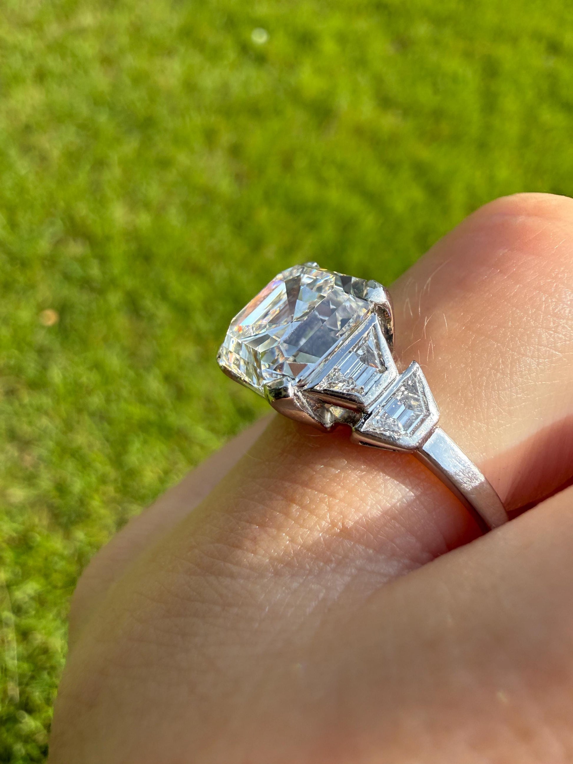 Exceptional 4 Carat Square Step Cut Diamond Solitaire Ring French PLATINUM w/ Trapezoid Accents Vintage to Art Deco 4.5Ctw Faces Eye CLEAN