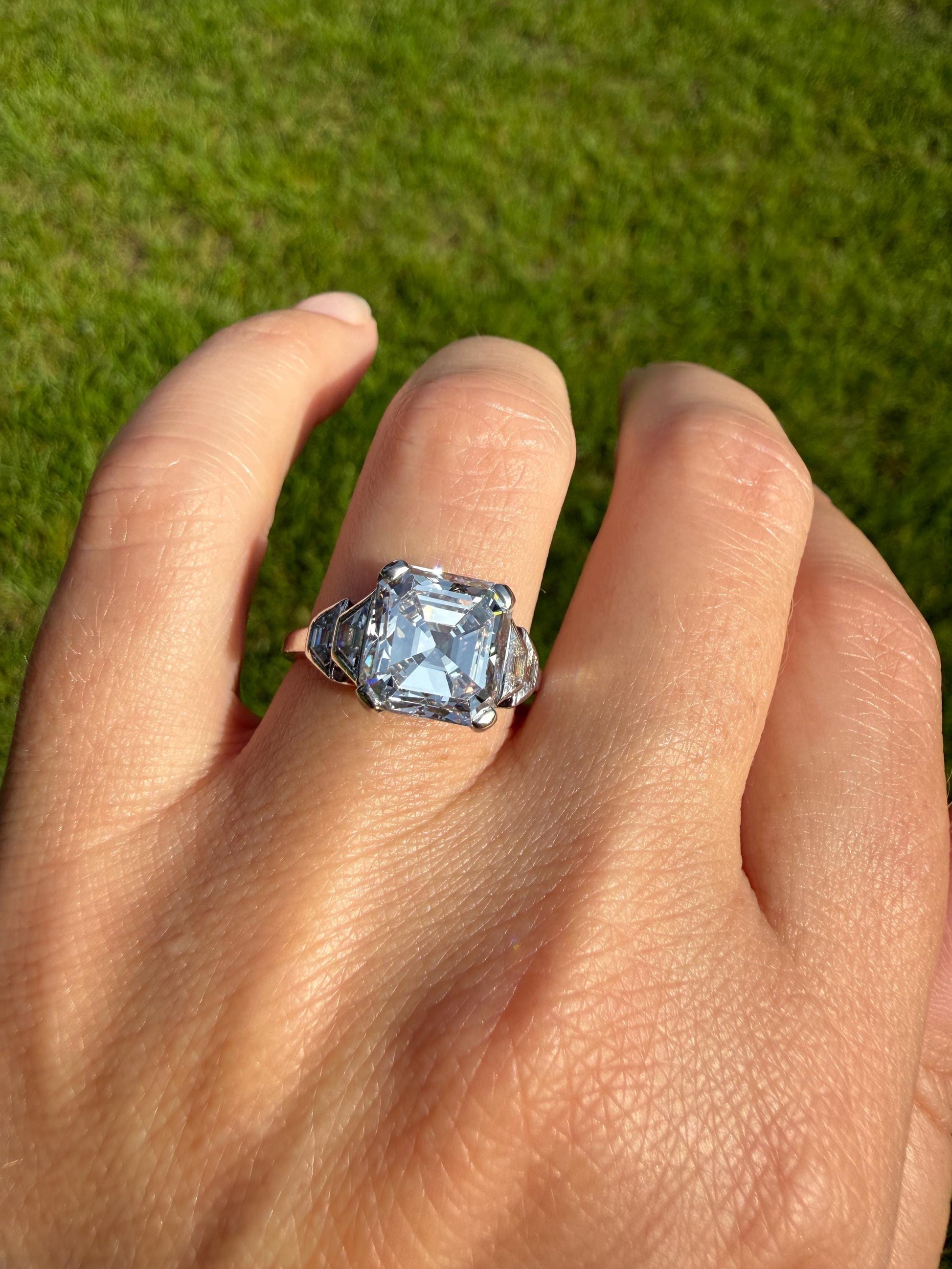 Exceptional 4 Carat Square Step Cut Diamond Solitaire Ring French PLATINUM w/ Trapezoid Accents Vintage to Art Deco 4.5Ctw Faces Eye CLEAN