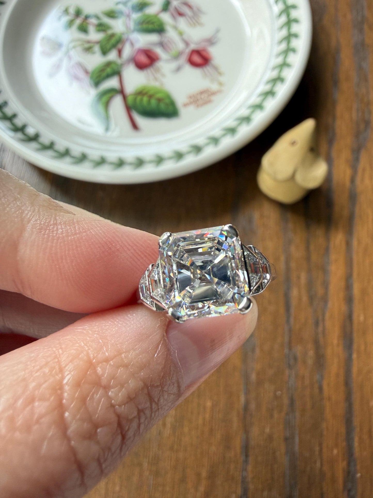 Exceptional 4 Carat Square Step Cut Diamond Solitaire Ring French PLATINUM w/ Trapezoid Accents Vintage to Art Deco 4.5Ctw Faces Eye CLEAN