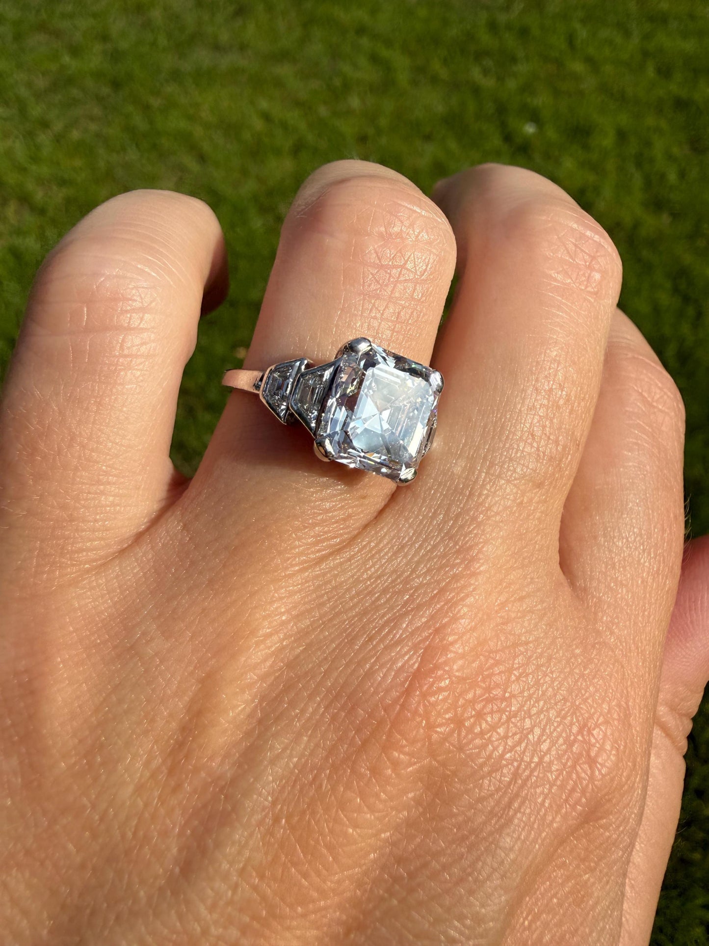 Exceptional 4 Carat Square Step Cut Diamond Solitaire Ring French PLATINUM w/ Trapezoid Accents Vintage to Art Deco 4.5Ctw Faces Eye CLEAN