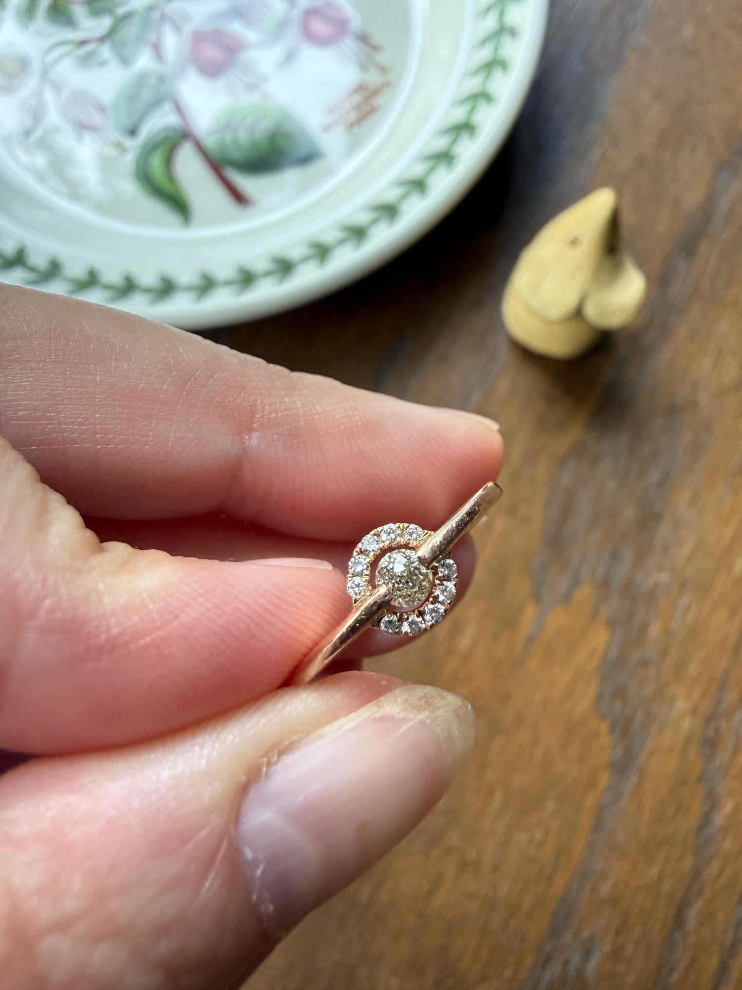 Vintage Uniquely Cut Diamond Ring with Halo Accents 14k Gold Geometric Minimalist Stacker