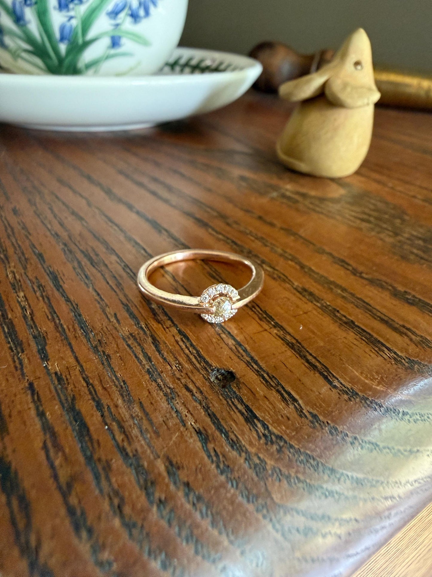 Vintage Uniquely Cut Diamond Ring with Halo Accents 14k Gold Geometric Minimalist Stacker