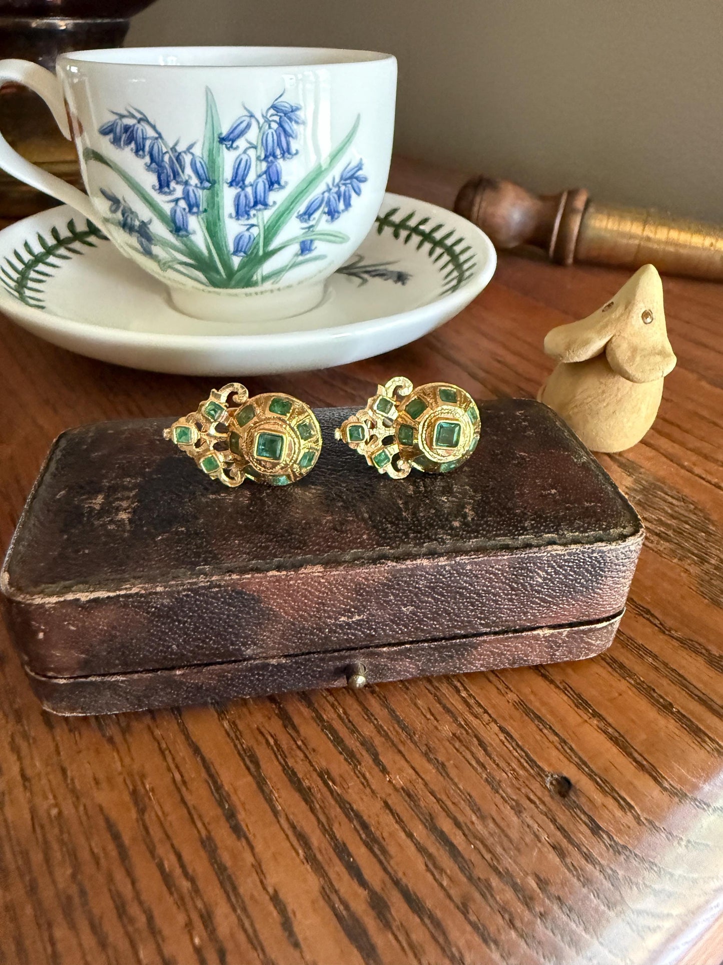 ANTIQUE Iberian 22 Natural Square Cut EMERALD Early 1900s Georgian Revival Crowned Domed Stud Earrings 18k Gold Baroque Style Green Engraved