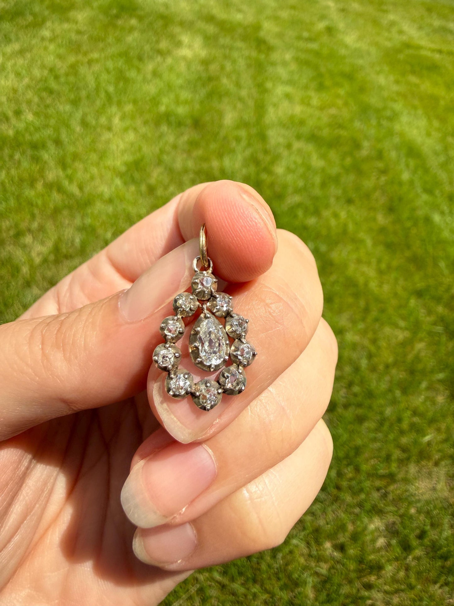 GEORGIAN Era Antique 1.1 Carat Old Mine Peruzzi Cut DIAMOND Pear Teardrop Cluster Pendant Split Ring French 18k Gold Silver Dangle OMC Gift