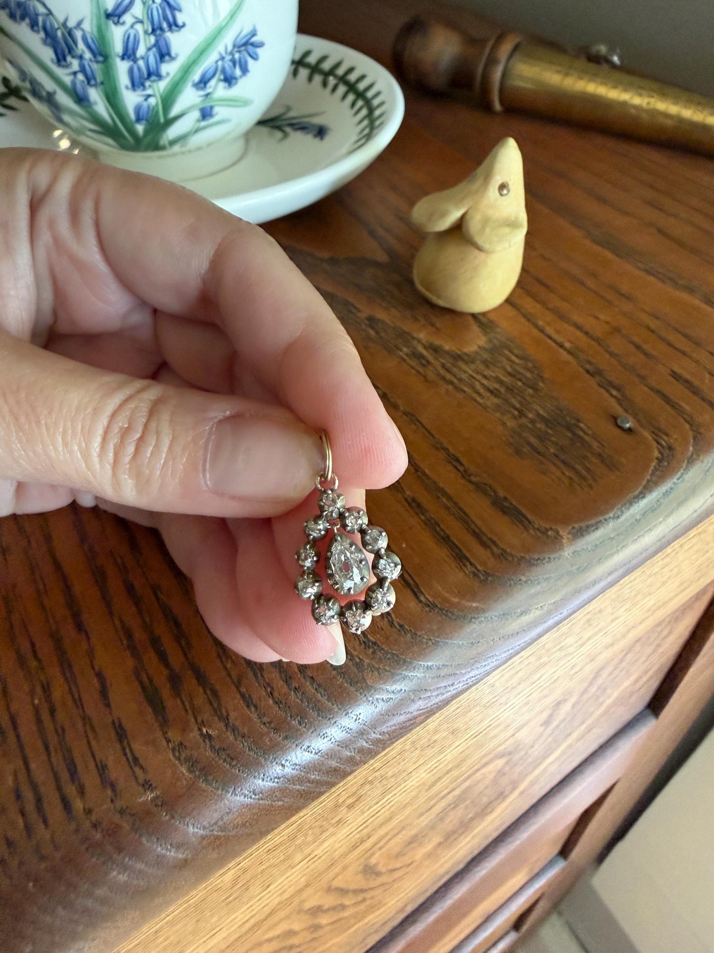GEORGIAN Era Antique 1.1 Carat Old Mine Peruzzi Cut DIAMOND Pear Teardrop Cluster Pendant Split Ring French 18k Gold Silver Dangle OMC Gift