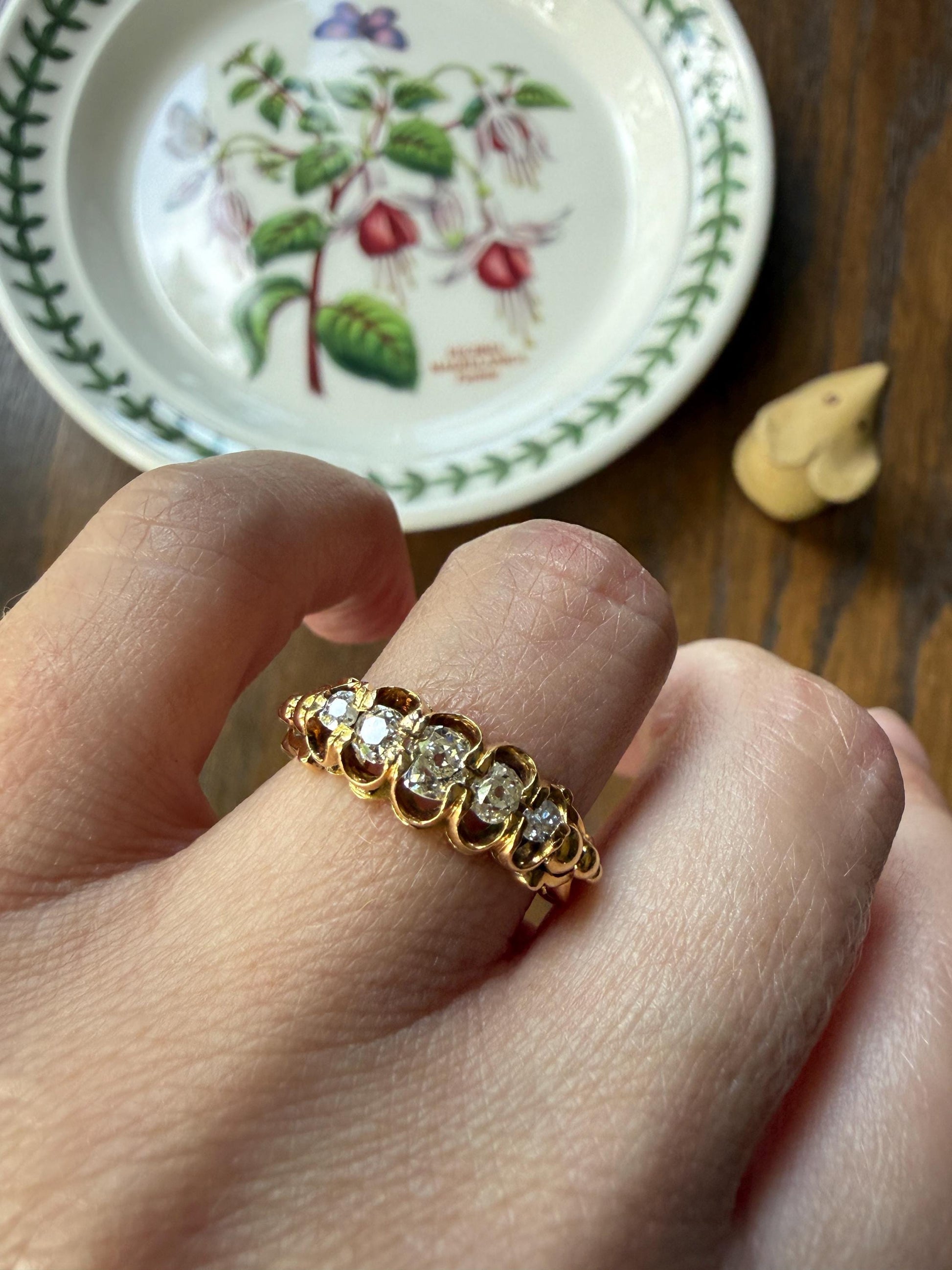 UNIQUE Ornate Victorian Five Stone Old Mine Cut Diamond Ring 18k Gold Antique Band Scroll Scallop Ball Rivet Gorgeousness
