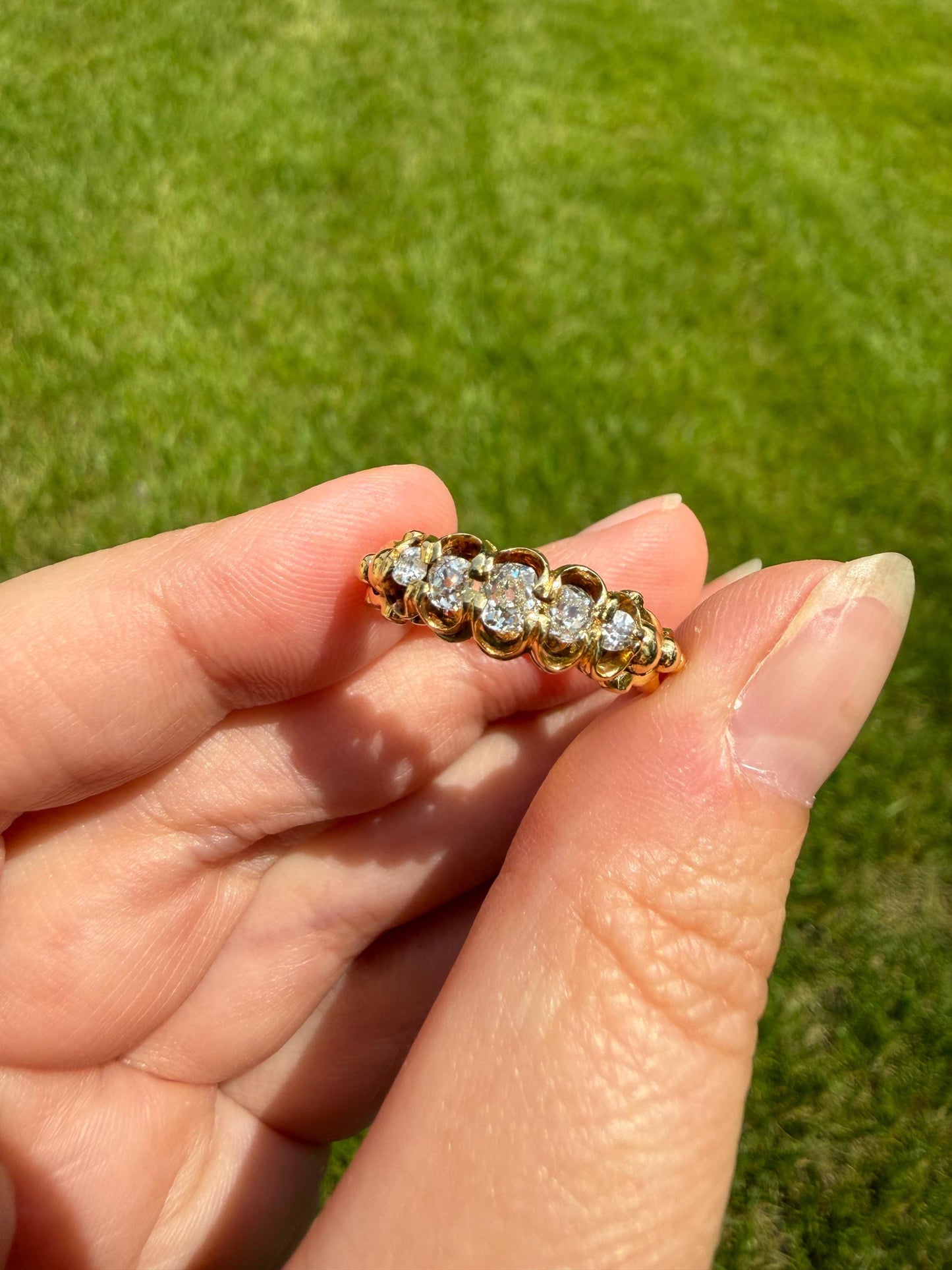 UNIQUE Ornate Victorian Five Stone Old Mine Cut Diamond Ring 18k Gold Antique Band Scroll Scallop Ball Rivet Gorgeousness