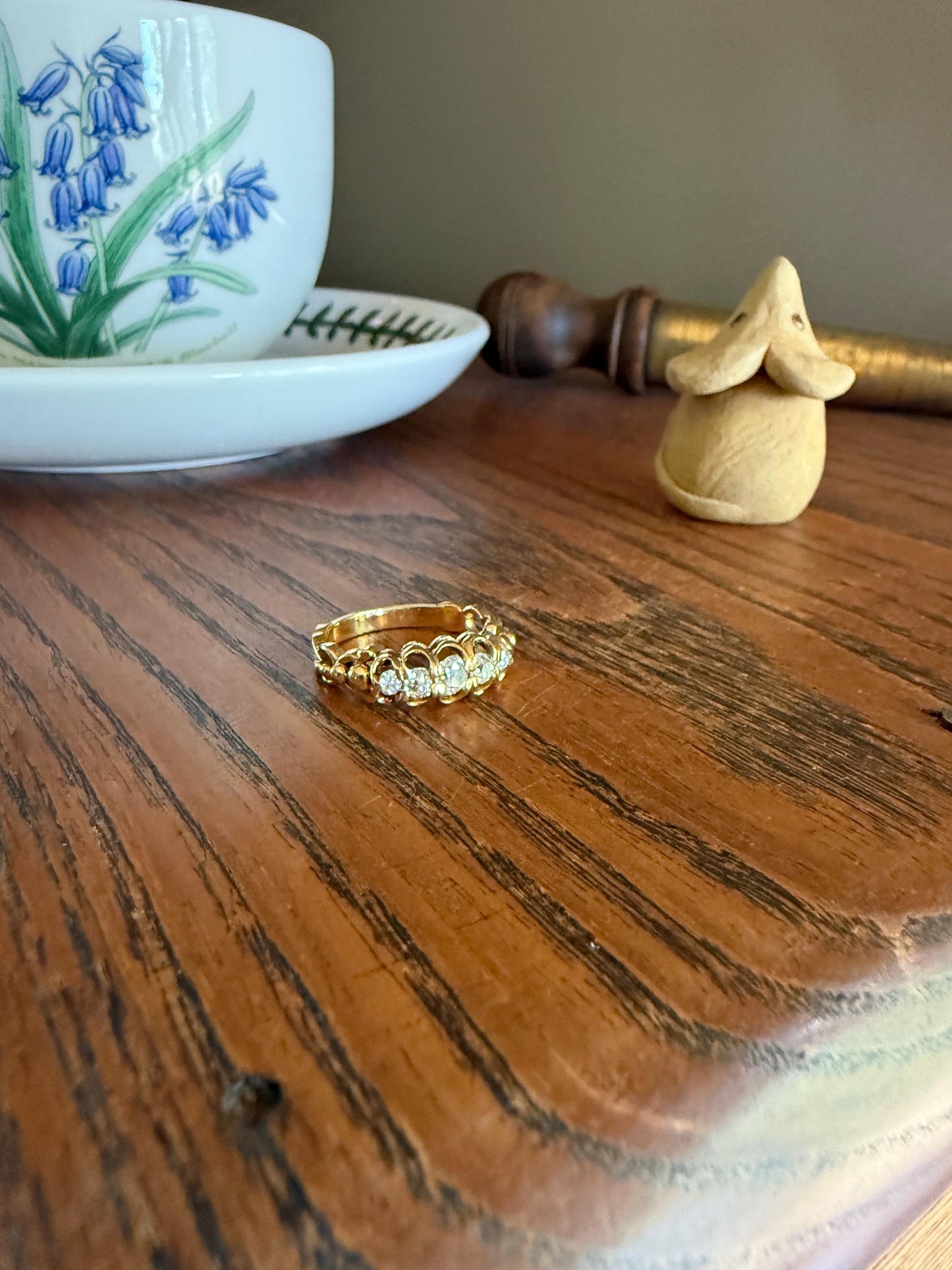UNIQUE Ornate Victorian Five Stone Old Mine Cut Diamond Ring 18k Gold Antique Band Scroll Scallop Ball Rivet Gorgeousness