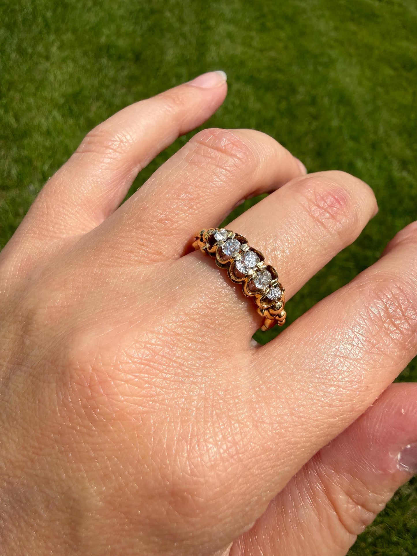 UNIQUE Ornate Victorian Five Stone Old Mine Cut Diamond Ring 18k Gold Antique Band Scroll Scallop Ball Rivet Gorgeousness