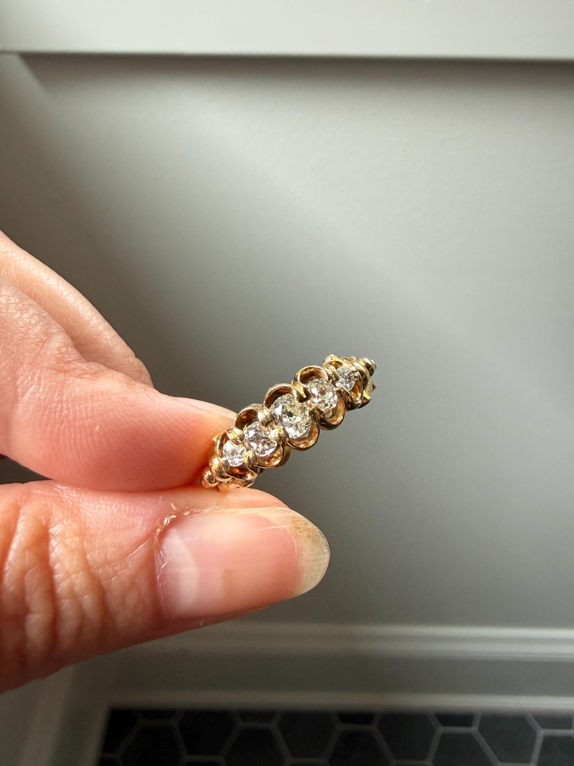 UNIQUE Ornate Victorian Five Stone Old Mine Cut Diamond Ring 18k Gold Antique Band Scroll Scallop Ball Rivet Gorgeousness