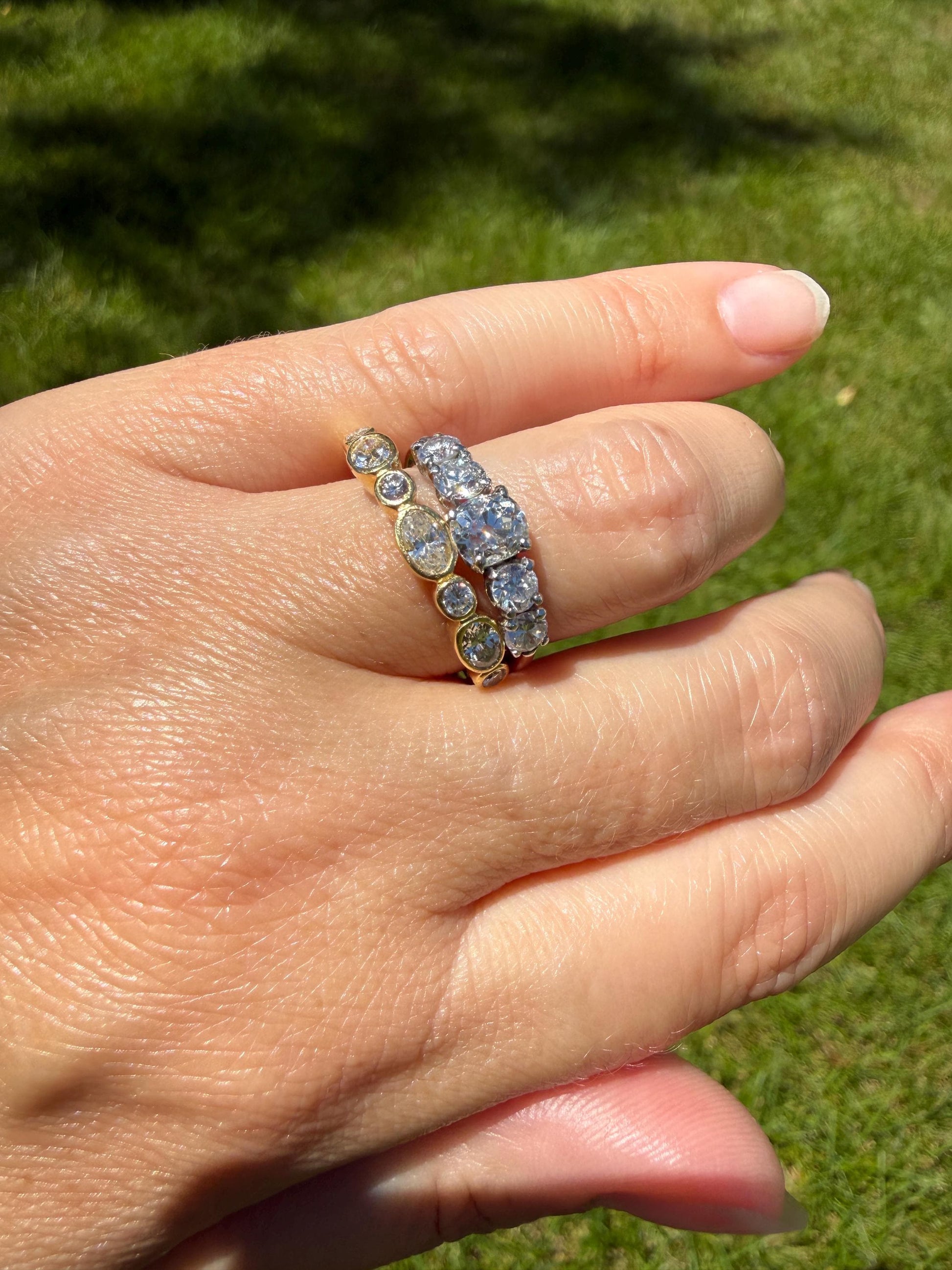 Vintage Seven Stone Oval and Round DIAMOND East West Skinny Band 18k Gold Ring Minimalist Stacker Half Hoop