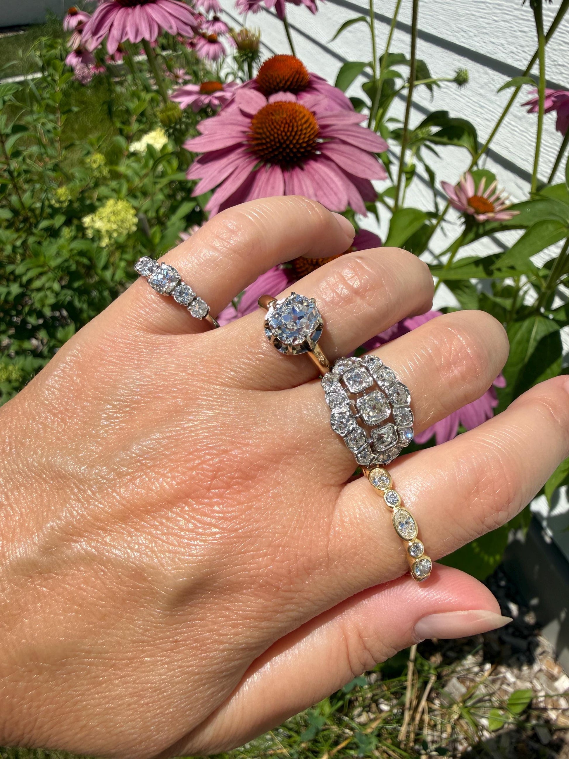 Ornate Art Deco 1.5 Carat Rose & Old Mine Cut Diamond Cluster Ring 18k White Gold Platinum East West Wide Three Stone Halo Cocktail Stacker