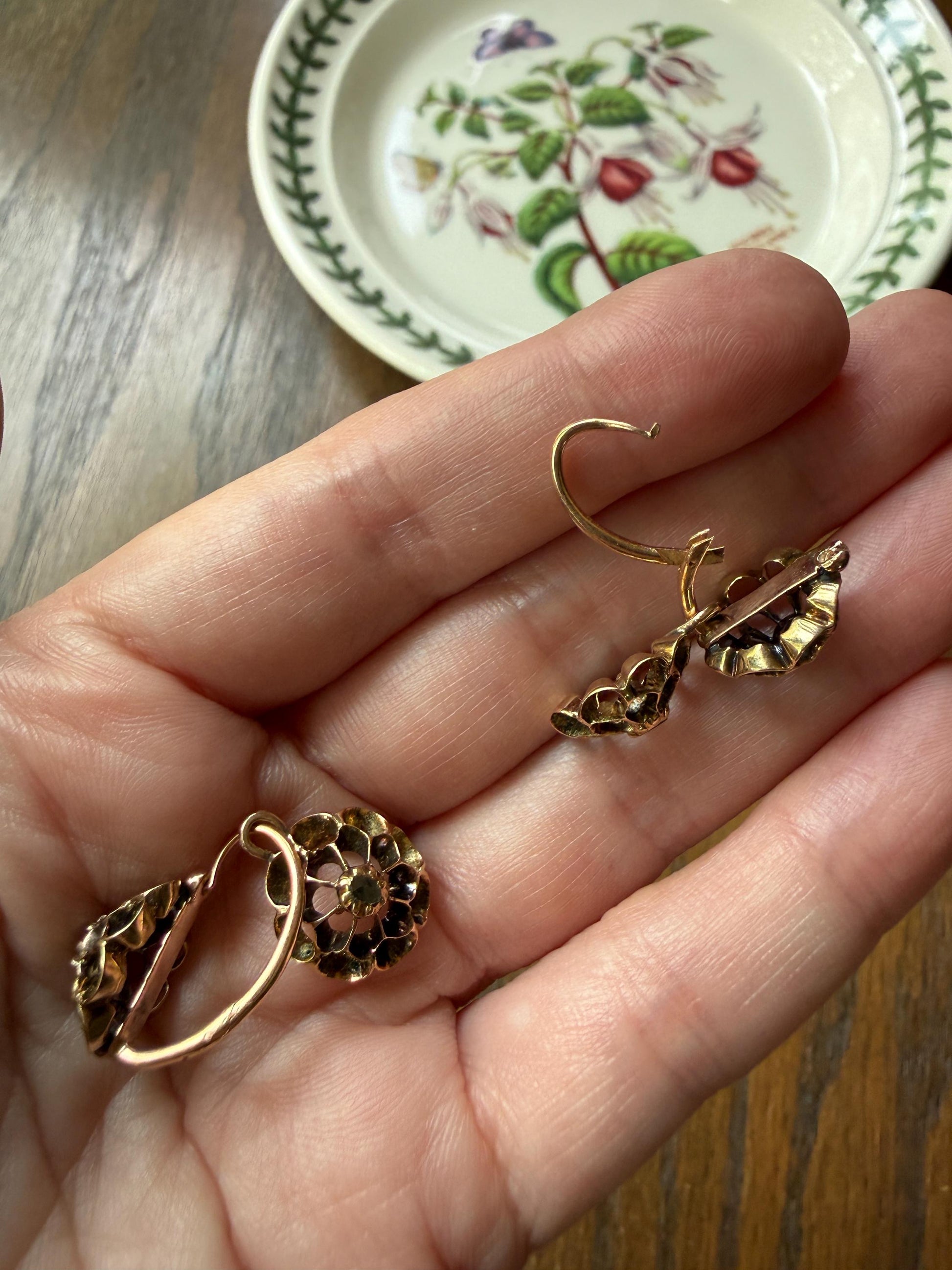Antique Buttercup Rose Cut Diamond Day to Night Dormeuse Studs to Dangle Victorian Earrings 18k Gold Solid Scalloped Domed
